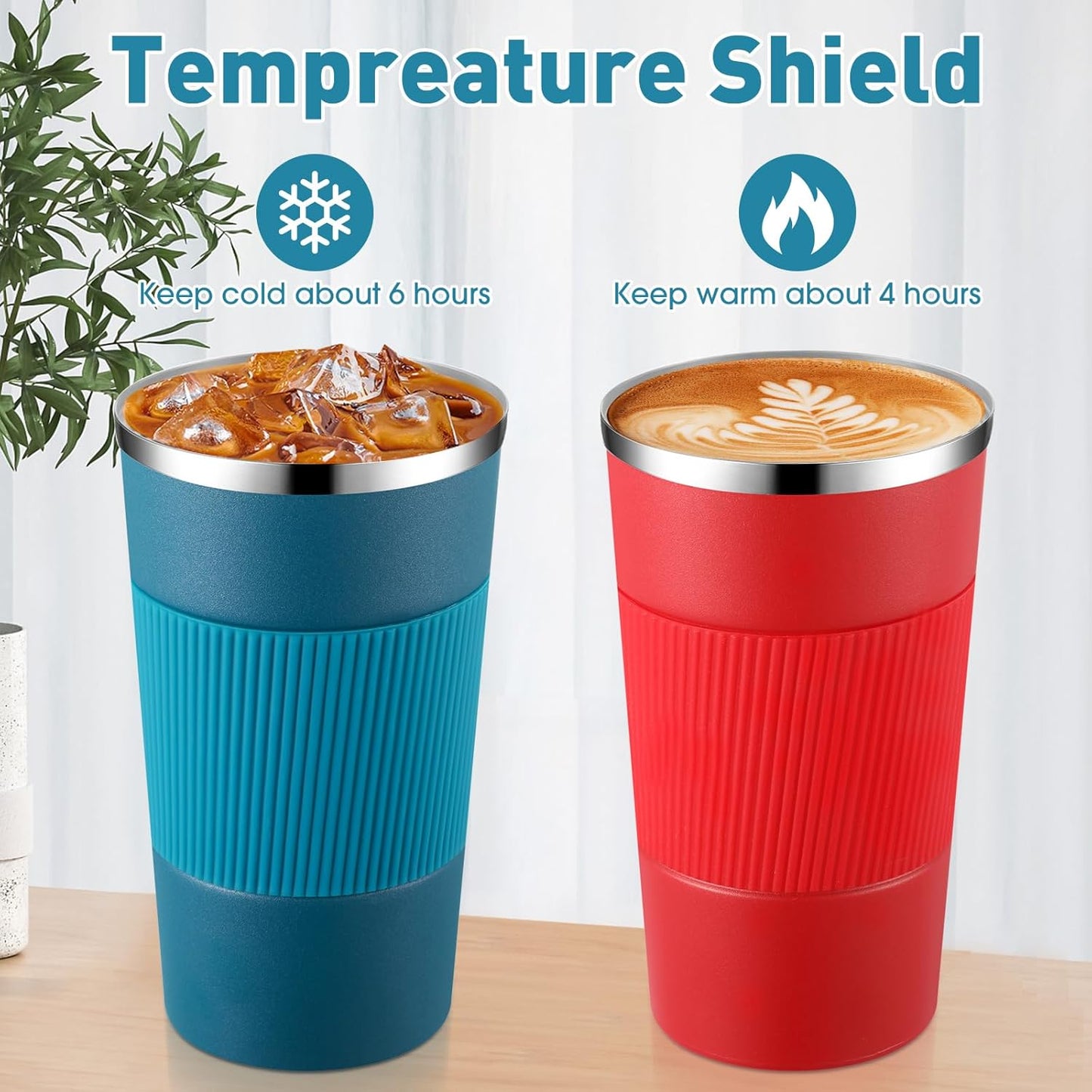 Sabary 4 Pack 16 oz Bulk Travel Coffee Mug with Lid Reusable Vacuum Insulated Coffee Tumbler Double Wall Thermal Stainless Steel Camping Tea Cup for Christmas Winter Drinks Employee Gift(Multicolor)