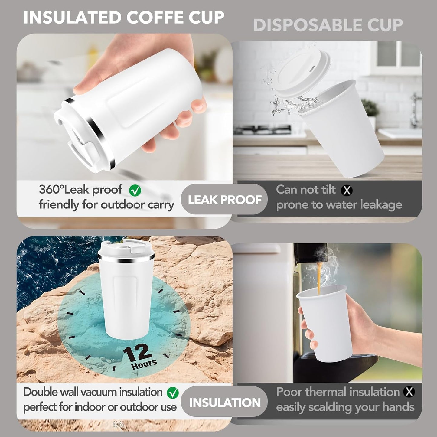 Volhoply 12 oz Double Wall Insulated Vacuum Travel Coffee Mug with Flip Lid Bulk 8 Pack,Reusable Stainless Steel Leak Proof Coffee Cup,Portable Cafe Thermal Tumblers for Hot & Cold Drinks(White,8 Set)