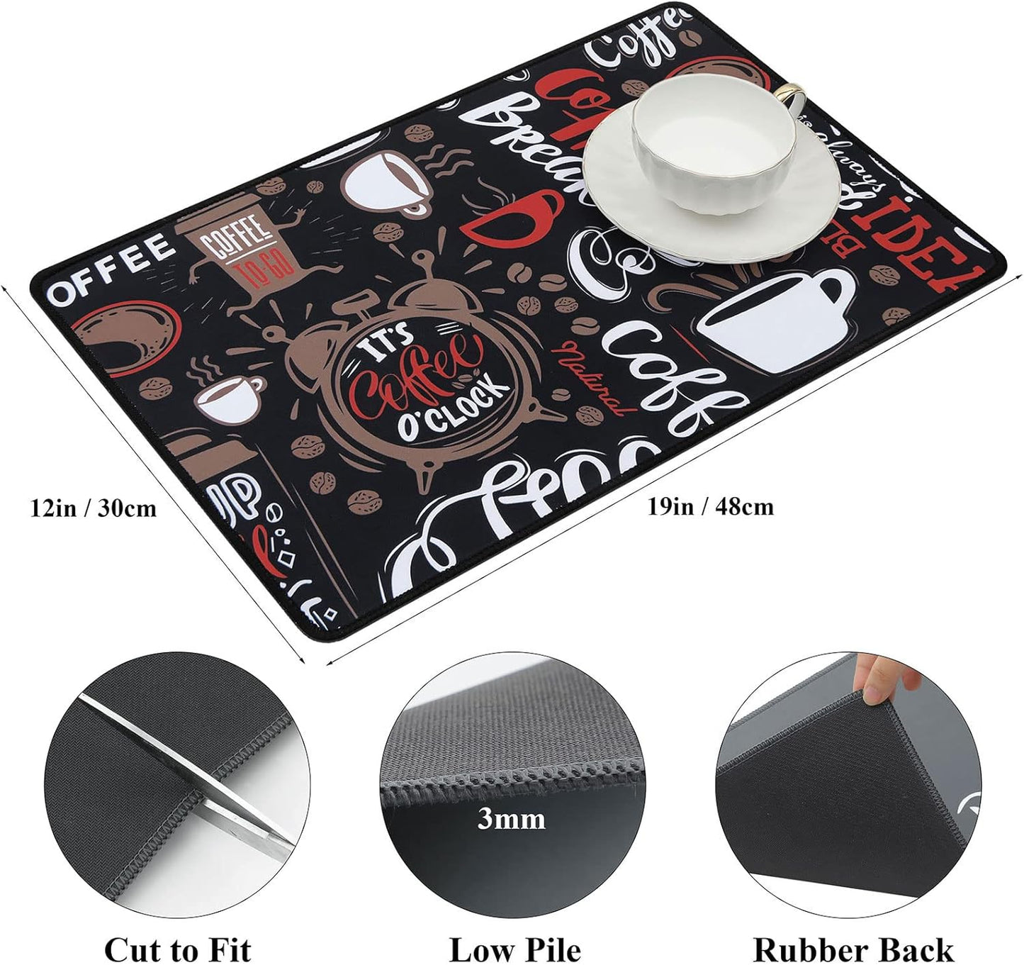 SHACOS Coffee Bar Mats 2-pack, 12x19 Inch Absorbent Non-Slip Rubber, Waterproof & Heat Resistant, Black