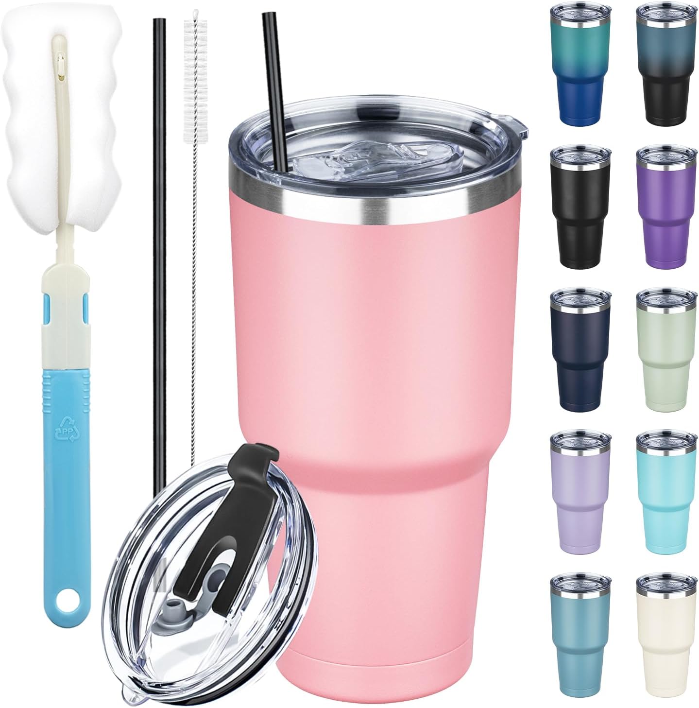 30 oz Tumbler with Lids and Straws, Stainless Steel Insulated Coffee Tumbler, Double Wall Vacuum Insulated Travel Mug Cup, Leakproof Thermal Coffee Cup for Hot and Cold Drinks (Light Pink)