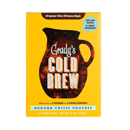 GRADY’S COLD BREW, New Orleans Style, 100% Arabica Ground Coffee & Chicory Pouches, One Box of Four Easy-to-Brew Bean Bags, Makes 12 drinks