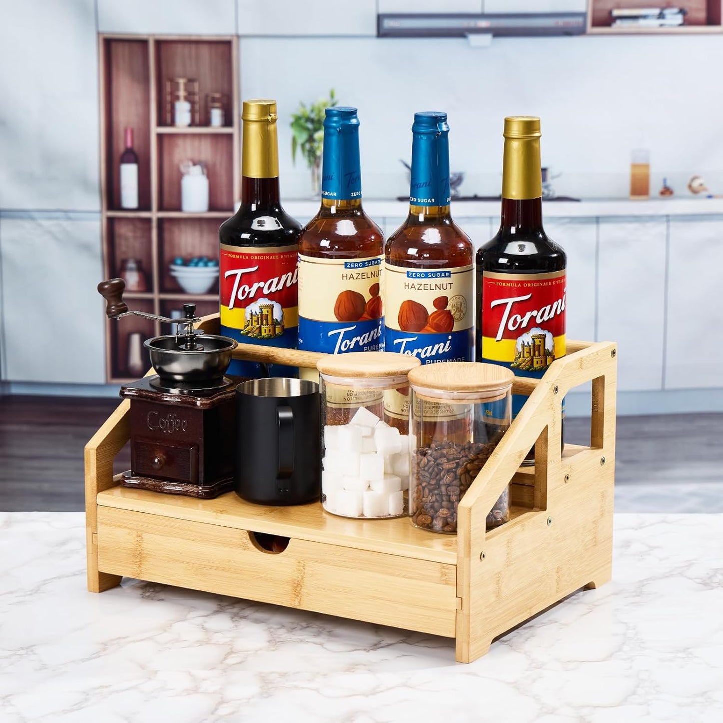 Bamboo Coffee Syrup Rack Organizer 3 Tier Rack with Cup Storage Box, Bottle Holder Stand for Syrups, Dressings, Kitchen Coffee Station, Natural