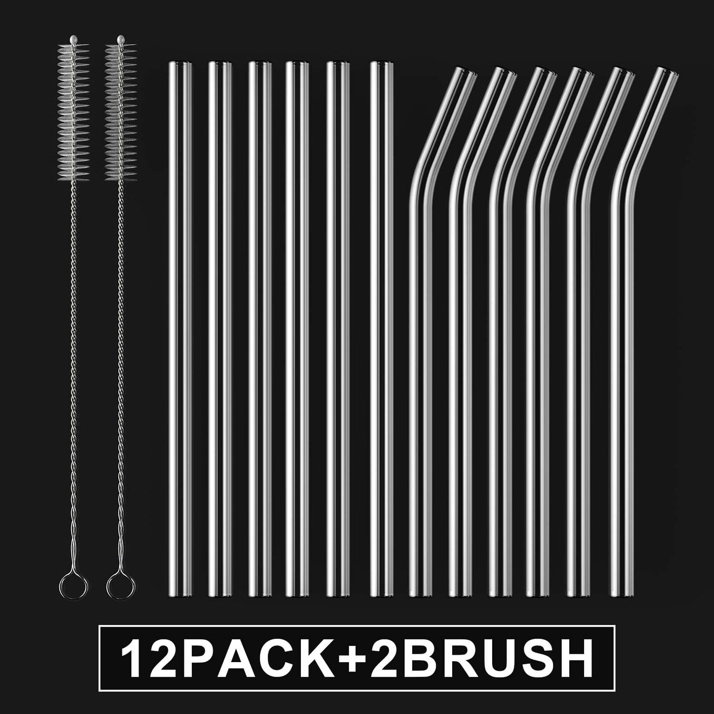 12-Pack Reusable Glass Straw,Size 8.5''x10 MM,Including 6 Straight and 6 Bent with 2 Cleaning Brush- Perfect For Smoothies, Tea, Juice