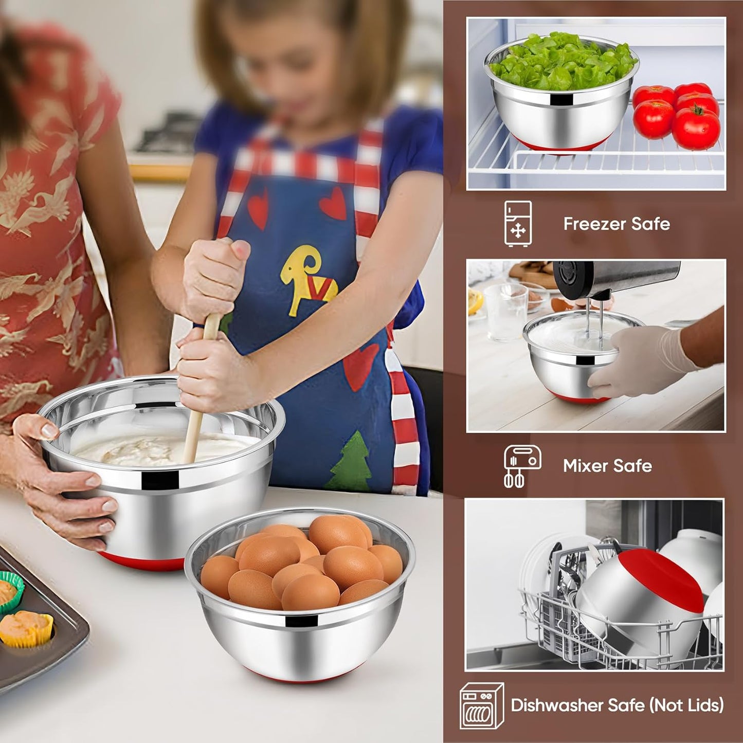 TeamFar Mixing Bowls with Lids Set, 7/3.5/2.5/1.5/1 QT, Stainless Steel Large Red Nesting Metal Salad Mixing Bowl Set of 5, Healthy & Easy Clean, Airtight Lid & Non-slip Bottom