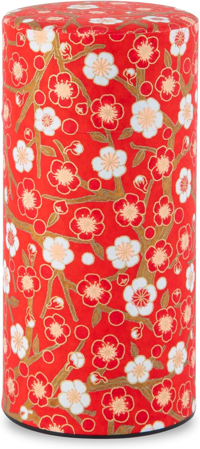 NOREN Japanese Tea Canister Tin (Yuzen Washi Paper - Plum/Red), 7.06oz Size/Made in JAPAN with Includes Inner Lid of Airtight Damp-Proof/Kitchen Jar for Loose Leaf Coffee Tea Spice and More