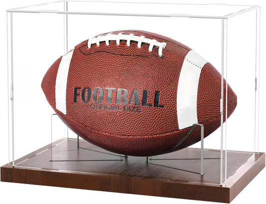 Football Display Case Acrylic Clear, Football Stand Holder Full Size with Solid Wood Base, UV Protected Football Display Box with Removable for Football Fans & Collectors, Memorabilia & Gift