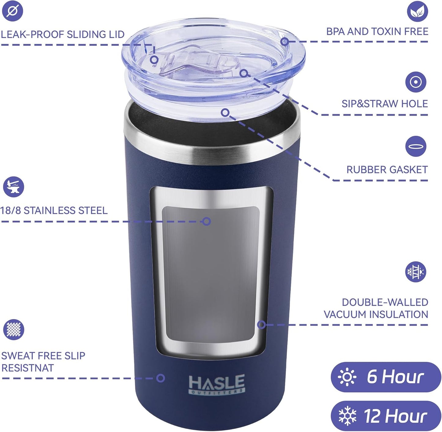 HASLE OUTFITTERS 12 oz Skinny Tumbler, Stainless Steel Insulated Slim Tumbler with Lid, Reusable Double Wall Travel Coffee Mug, Durable Powder Coated Travel Water Cup(Navy,1)