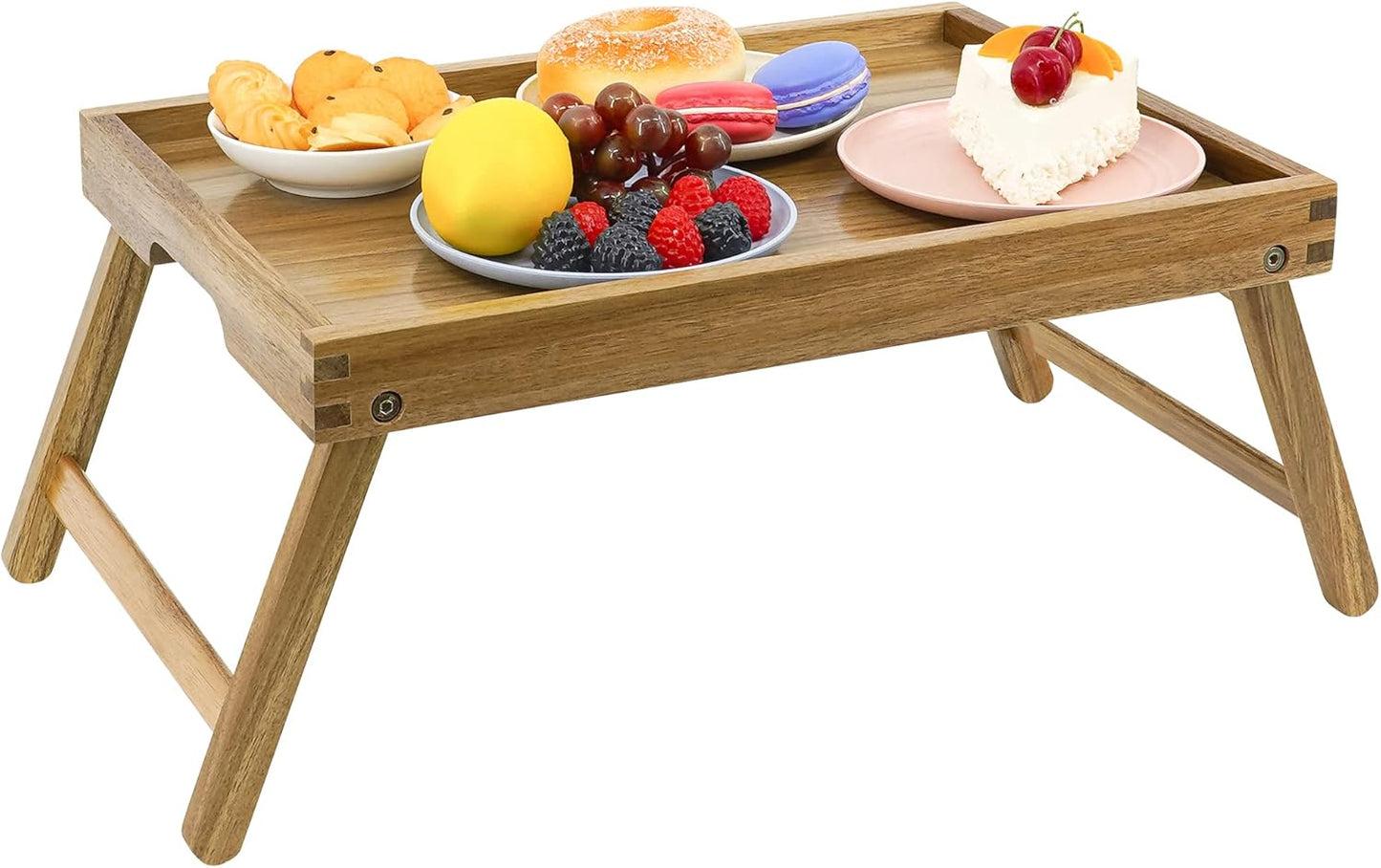 VaeFae Acacia Bed Table Tray, Wooden Breakfast Tray with Folding Legs, Bed Tray for Eating and Laptop, Eating Trays for Bedroom (Large Size)