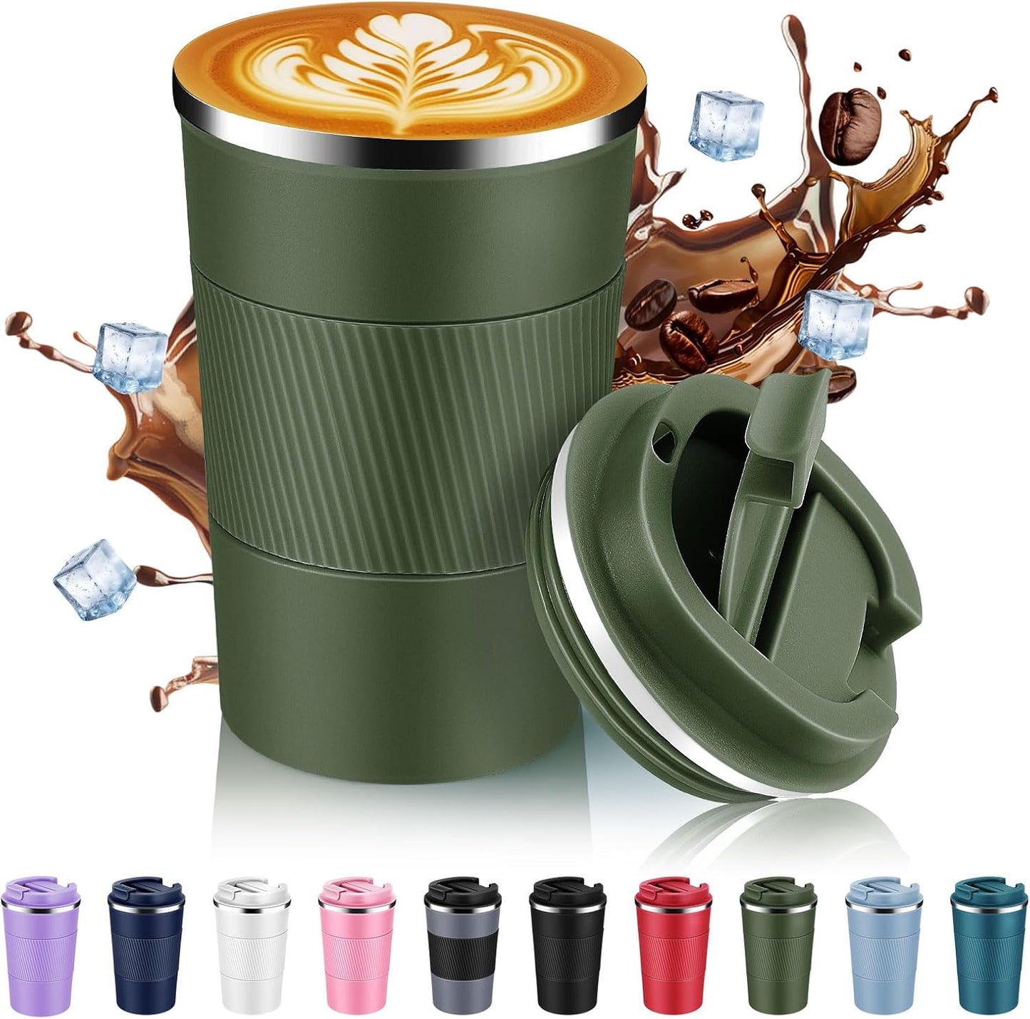 Volhoply 13 oz Stainless Steel Insulated Travel Coffee Mug with Fip Lid,Reusable Double Wall Vacuum Metal Coffee Cup,Portable to Go Leak Proof Cafe Thermal Tumbler for Hot & Cold Drinks(Army Green,1)