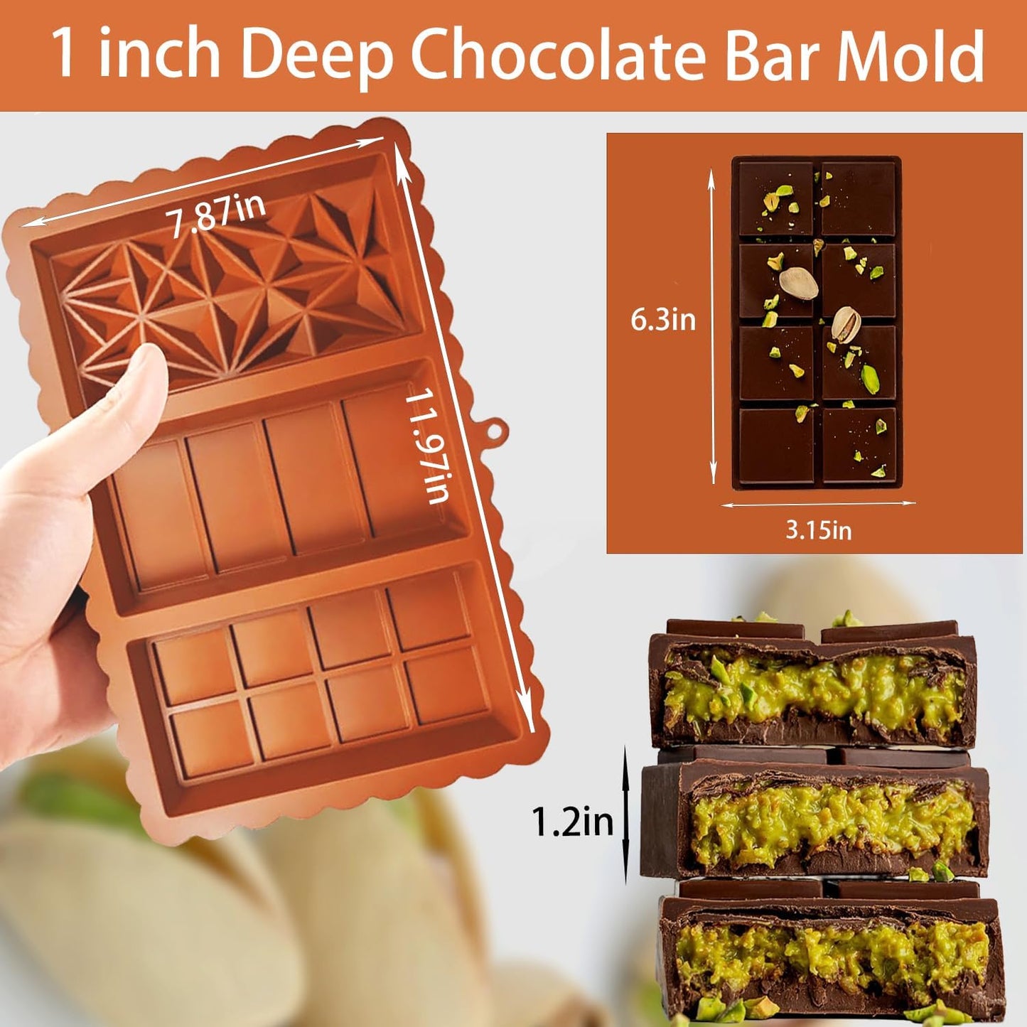 Dubai Chocolate Bar Mold - 3 Different Shapes, 1 Inch Deep Chocolate Molds Silicone,Large And Thick Candy Bar Baking Molds - Set of 2