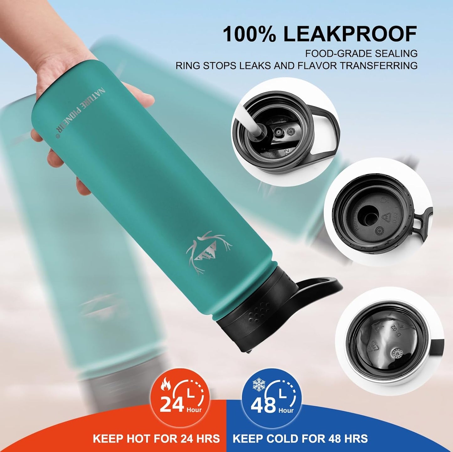 NATURE PIONEOR Insulated Water Bottles with Carrier Holder Sleeve - 24 ounce Stainless Steel Water Bottle with 3 Lids,straw,Keeps Hot and Cold