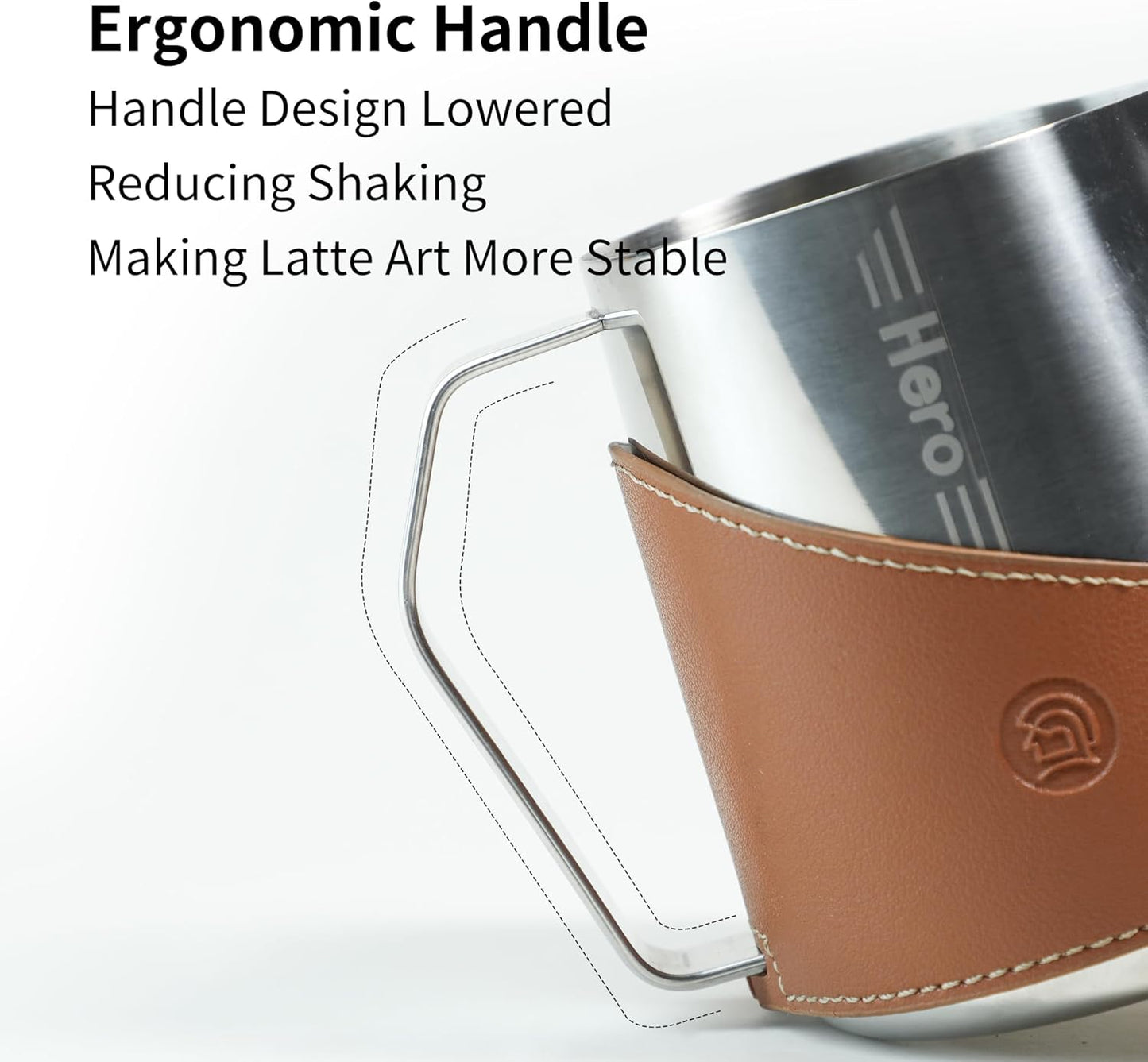 Milk Frothing Pitcher 450ml/16oz 304 Stainless Steel Espresso Steaming Pitcher with PU Leather, Milk Frothing Jug,milk frother cup,Milk Jug Cup,Premium Barista Tools,Latte Art (Bright,16oz)