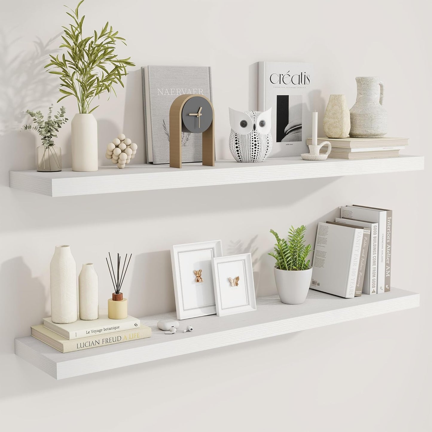 Fun Memories 48 Inch Deep Floating Shelves for Wall, 2 Pack of Long Wall Mounted Wood Shelves with Invisible Brackets for Bathroom, Bedroom, Living Room, Kitchen Decor and Storage, White