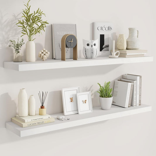 Fun Memories 48 Inch Deep Floating Shelves for Wall, 2 Pack of Long Wall Mounted Wood Shelves with Invisible Brackets for Bathroom, Bedroom, Living Room, Kitchen Decor and Storage, White