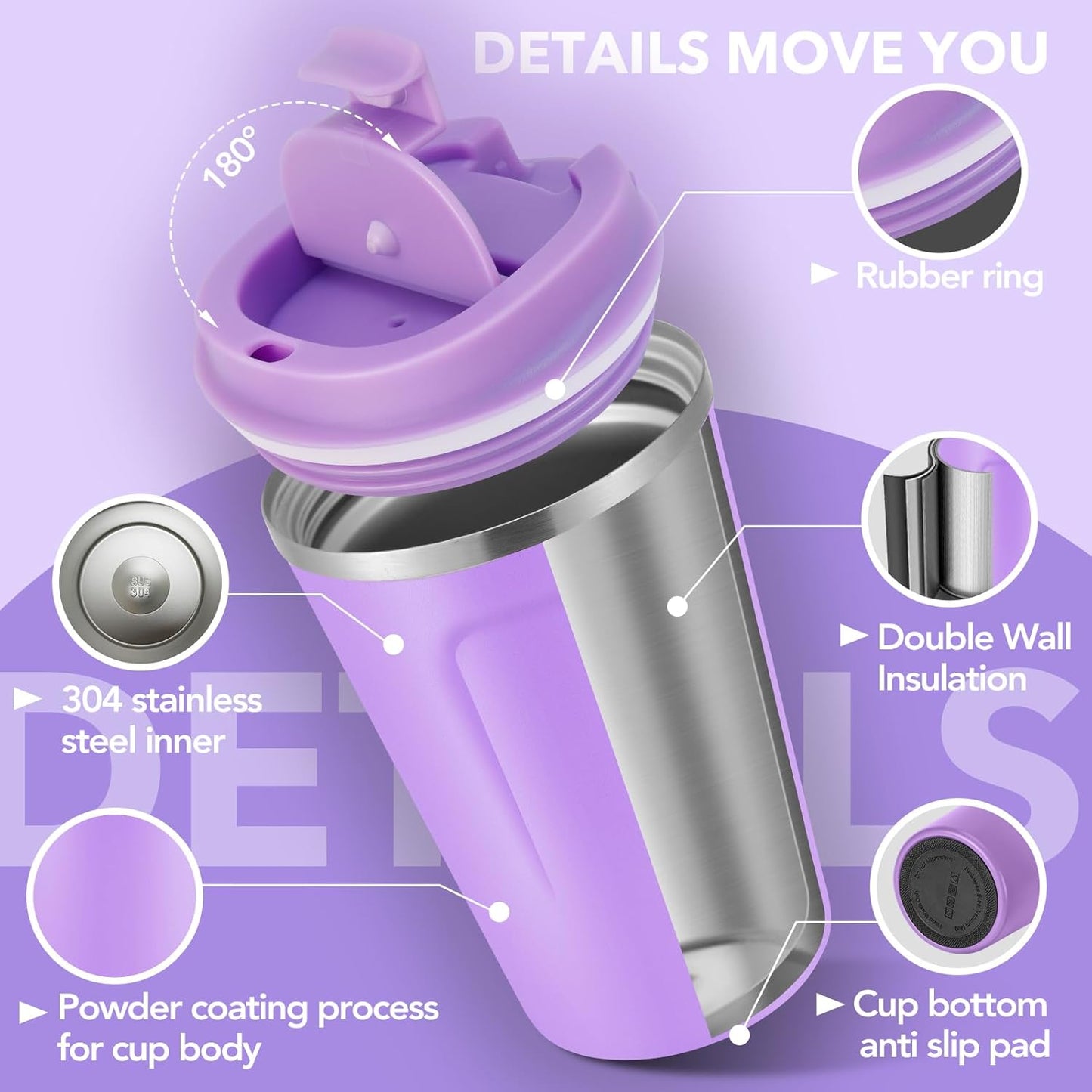 Volhoply 12 oz Double Wall Insulated Vacuum Travel Coffee Mug with Flip Lid Bulk 4 Pack,Reusable Stainless Steel Leak Proof Coffee Cups,Portable Cafe Thermal Tumbler for Hot&Cold Drinks(Purple,4 Set)