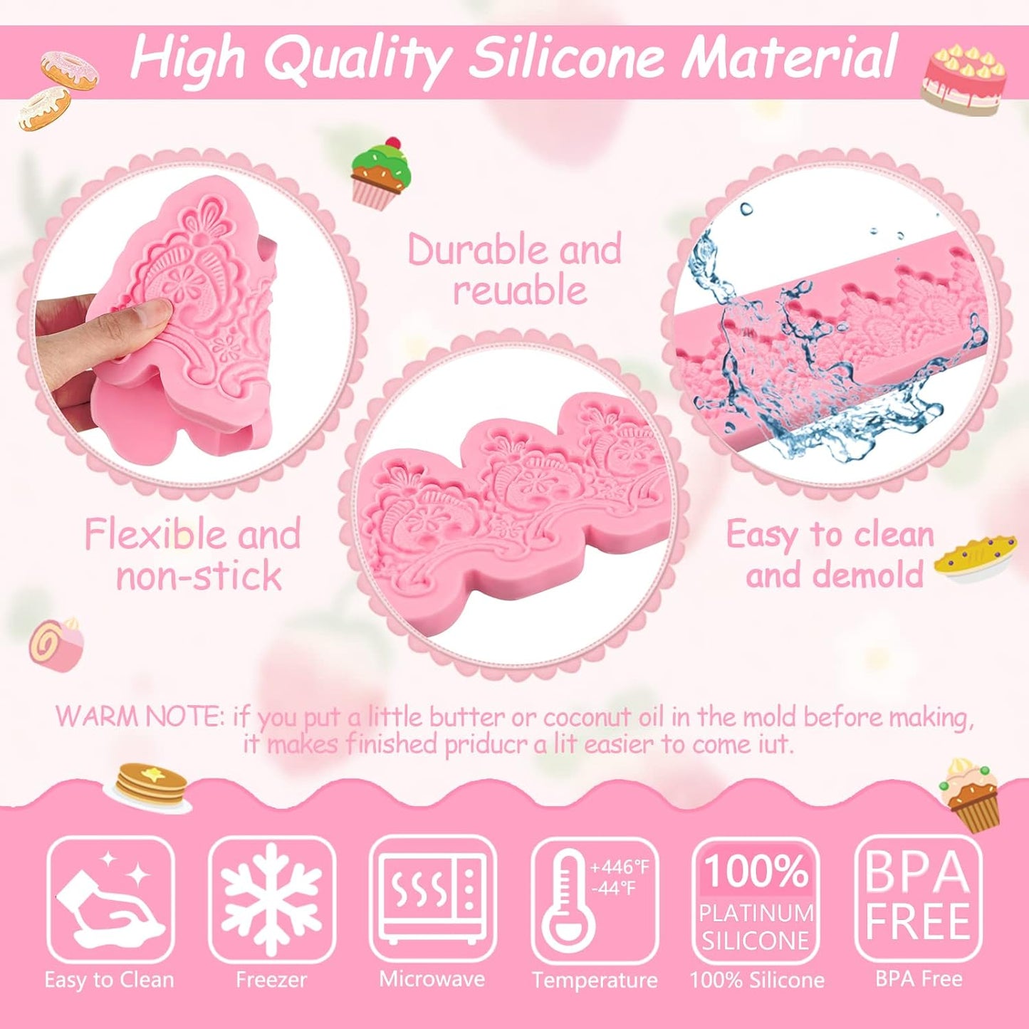 Baroque Embossed Cake Decorating Mold 3pcs, Lace Fondant Silicone Molds for Chocolate Candy Mousse Butter Biscuit Marzipan Sugar Craft Cake Border Cupcake Topper Dessert Display Resin Gypsum Clay