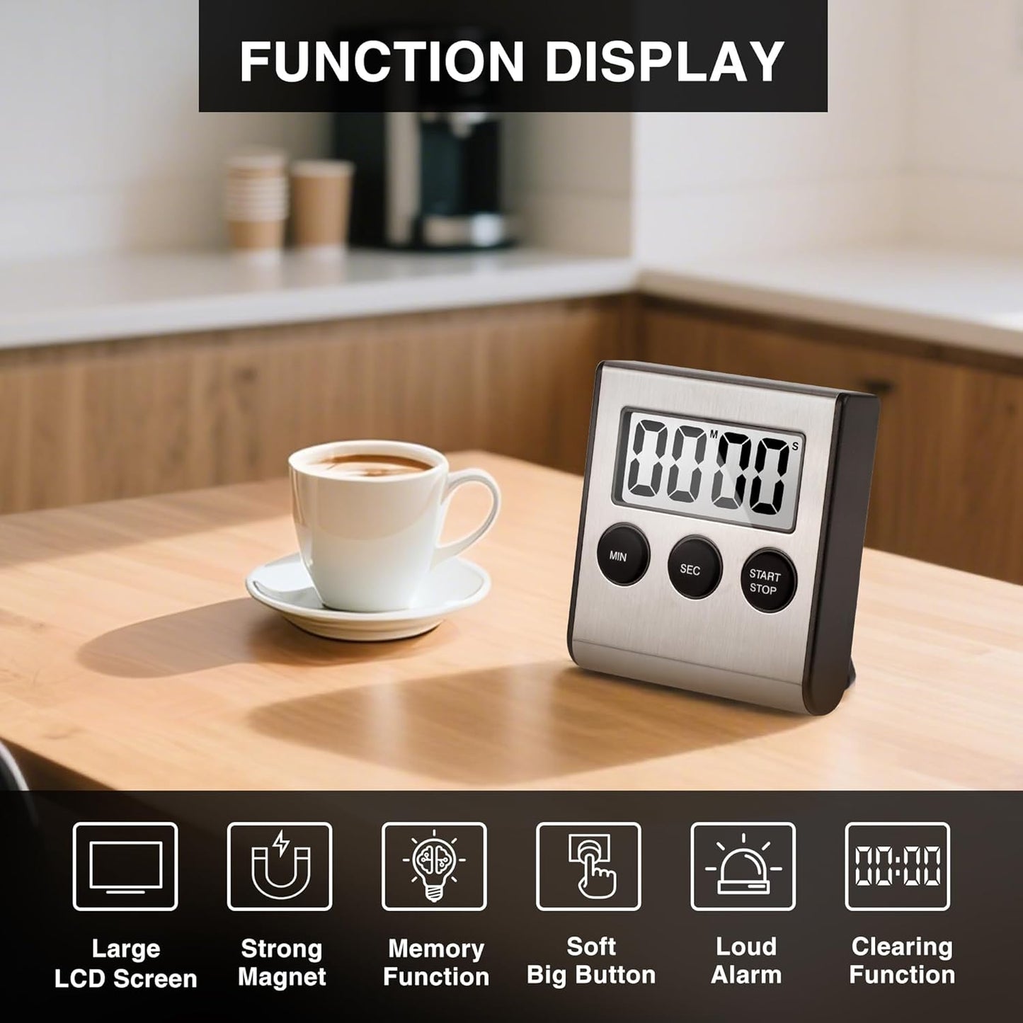 Digital Kitchen Timers for Cooking Strong Magnetic Stainless Steel Countdown Timer for Baking Exercise Office Classroom-1PACK