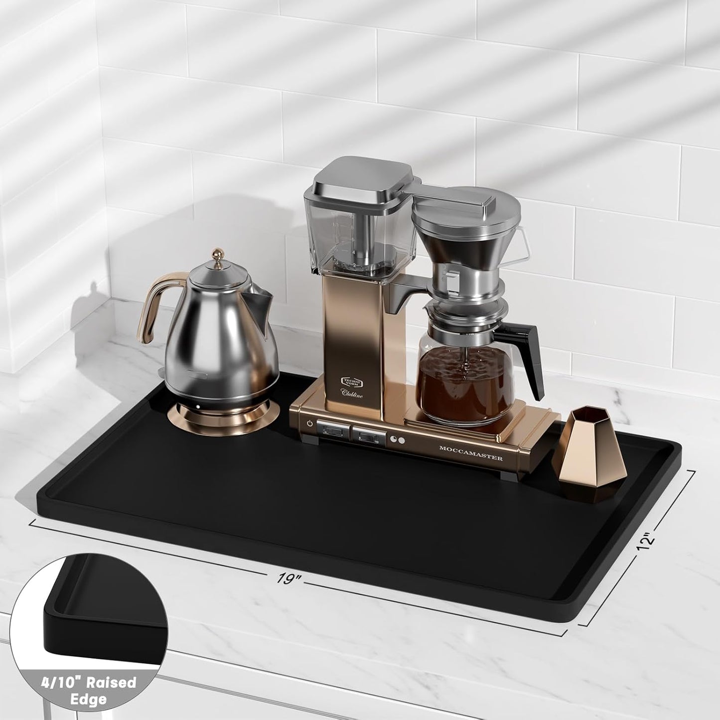 Rnivvi Silicone Coffee Mat, 12" x 19" Waterproof Raised Edge Coffee Bar Mats for Espresso Machine Station Accessories, Heat Resistant Dish Drying Pad for Kitchen Counter, Rubber Bar Decor Pad, Black