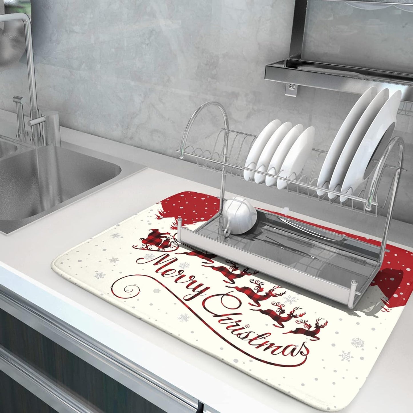 Christmas Moose Dish Drying Mat 16x18 Inch Cute Christmas Elk Drying Mat for Kitchen Counter Xmas Winter Santa Claus Absorbent Reversible Microfiber Dishes Pad Dish Drainer Mats Kitchen Accessories