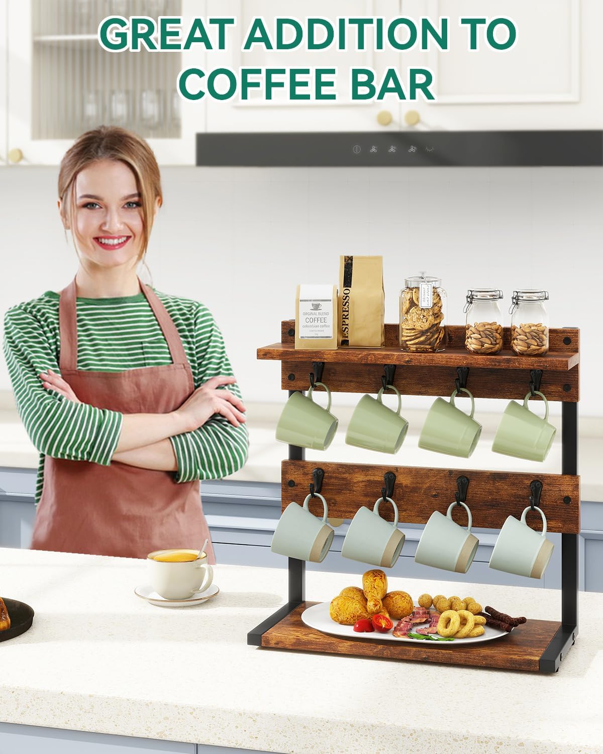 IBUYKE Rustic Coffee Mug Holder Stand, 2 Tier Countertop Mug Tree Holder Rack with Storage Base, Vintage Mug Holders for Kitchen, Holds 8 Mugs, Rustic Brown UTBJ002H