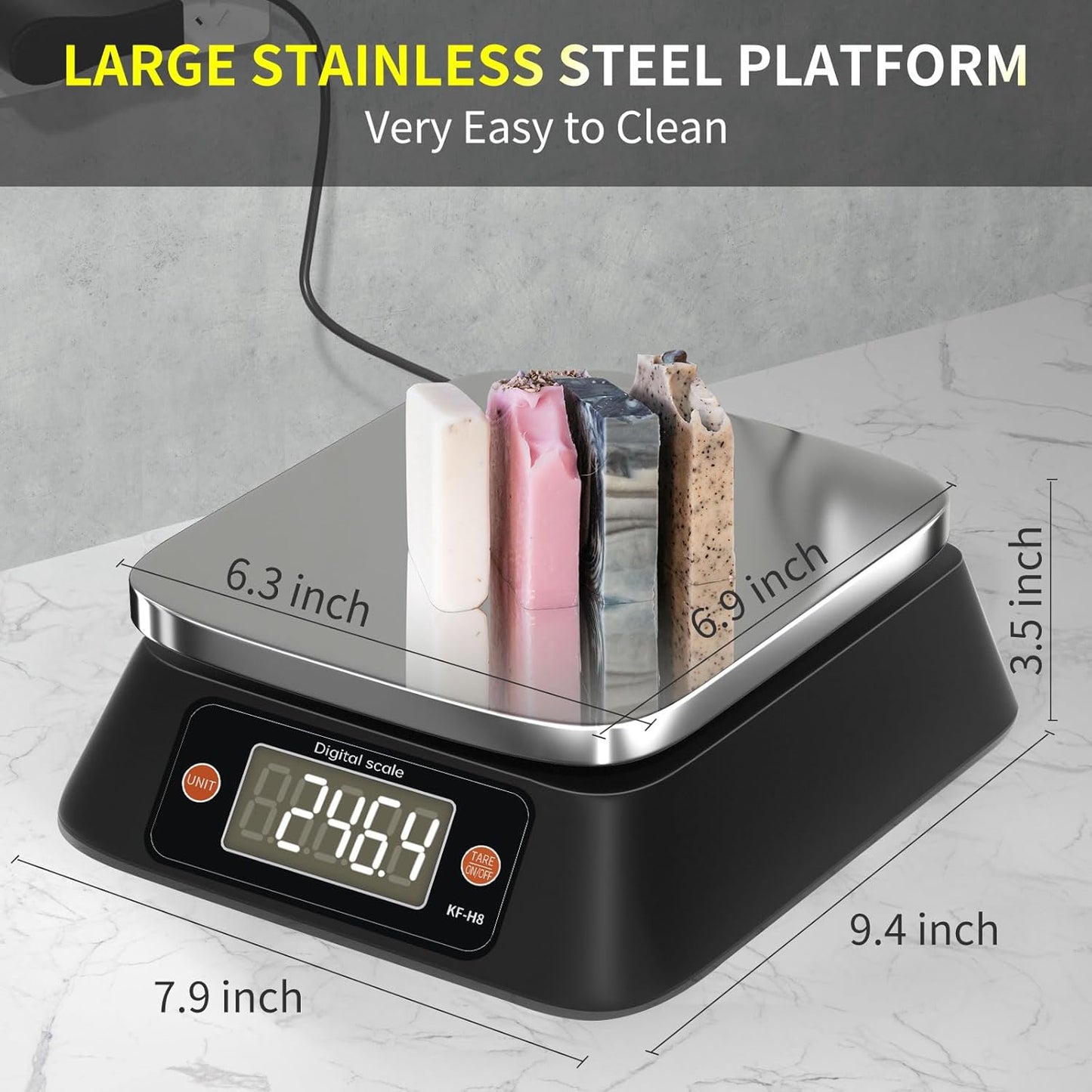 Kitchen Scales Digital Weight Grams and Ounces, YONCON KF-H8U Food Scale for Bakers, Candle and Soap Making, Baking Scale with Stainless Steel Large Platform, 22lb, 3*AA Batteries and AC Power Adapter