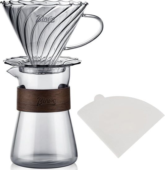 Bincoo Pour Over Coffee Dripper Set, Drip Coffee Maker, Included Borosilicate Glass Carafer and Coffee Dripper & 50 Pcs Size 02 Paper Filter, 16oz(500ml) (Smoky Gray Set)