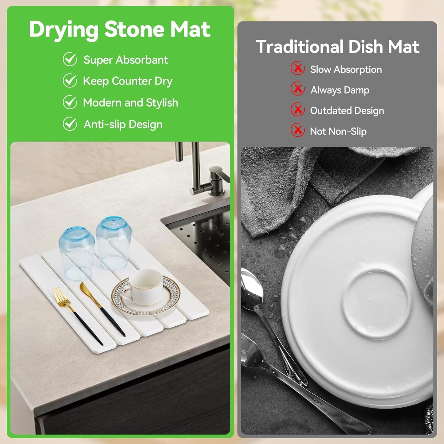 Stone Drying Mat for Kitchen Counter, Stone Bath Mats for Bathroom, Quick Dry Diatomaceous Earth Mat, Foldable Non-Slip Stone Mat for Bathroom Dishes Bottles Cups, Match Any Countertop, 15.8''x11.8''