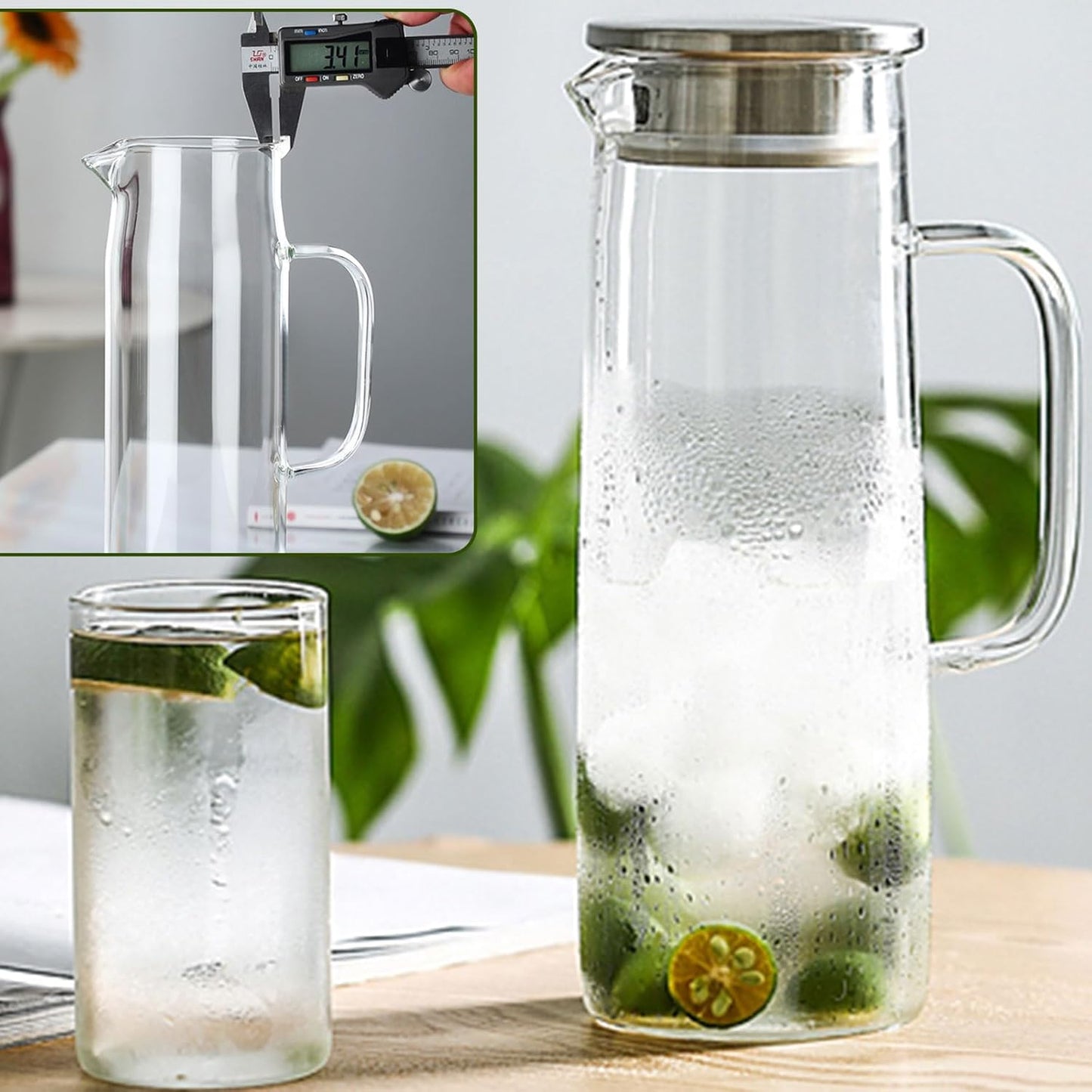 hjn Glass Pitcher with Lid Glass Water Carafe with Handle, Fridge Water Jug Cold or Hot Beverages, Iced Tea, Milk, Juice 1500ml/51oz & aluminum lid