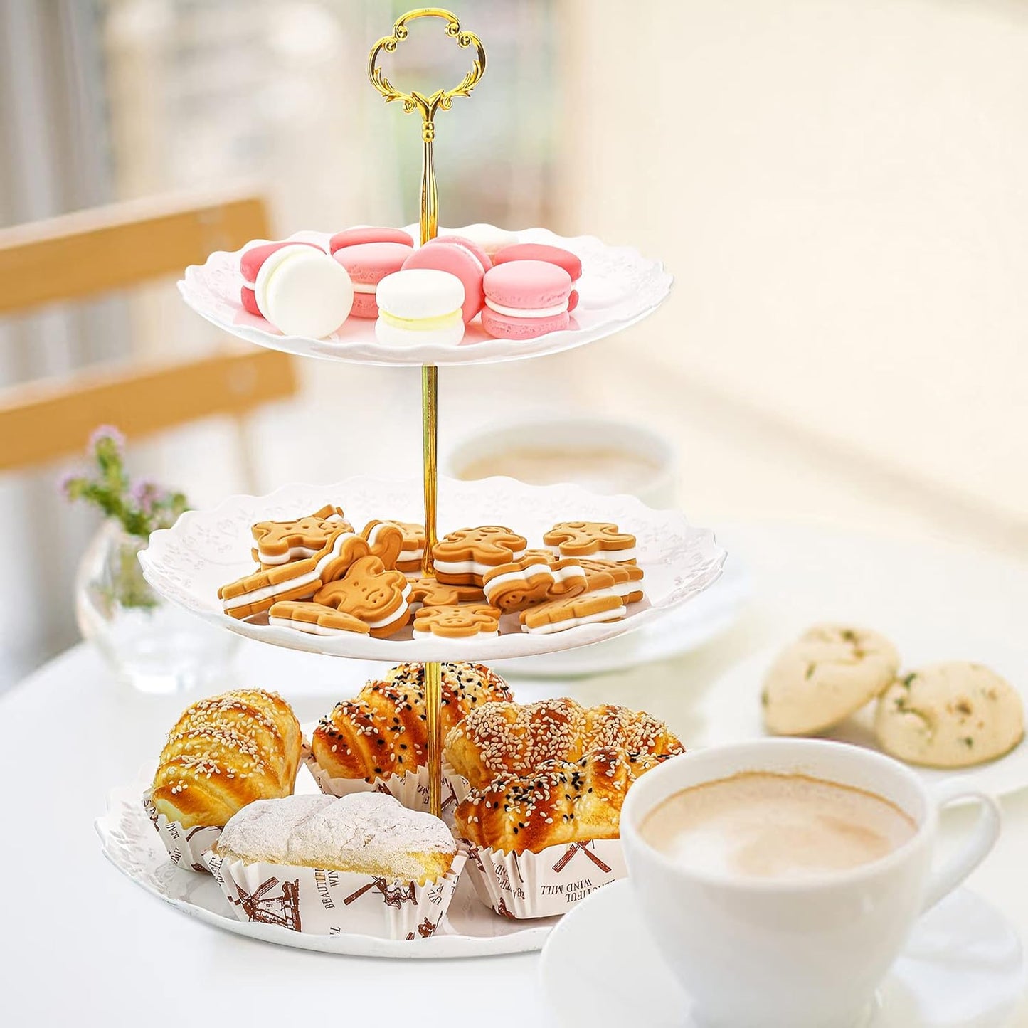 Tosnail 3-Pack 3-Tiers White Plastic Cupcake Stand, Dessert Serving Trays, Party Serving Tray Fruit Pastry Holders Catering Tray for Wedding, Party, Gathering - Round with Gold Rod