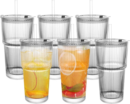 20oz Ribbed Drinking Glasses with Lids and Glass Straws-Thickened Glass cup -Vintage glass straw cups- Ideal for Iced Coffees, Cocktails, Juices, Family Use and Parties (6)