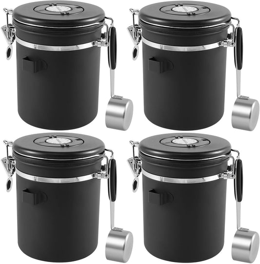 4PCS Coffee Storage Canister 1.5L Double Airtight Coffee Beans Container with Date Locator 304 Stainless Steel Kitchen Food Storage Container with Spoon for Tea Sugar,Black