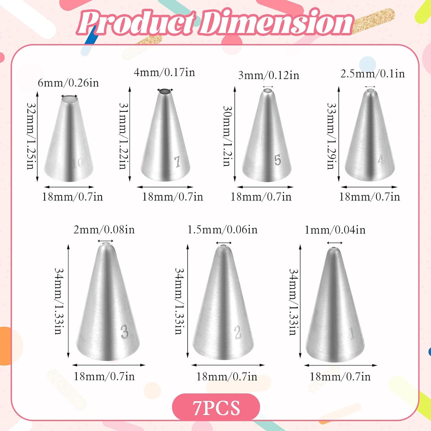 7 Pcs Small Round Piping Tips Set, Stainless Steel Cake Frosting Nozzles Professional Cake Decorating Tips Cupcake Icing Supplies for Baking Cookies Fondant Cream Bag Filler