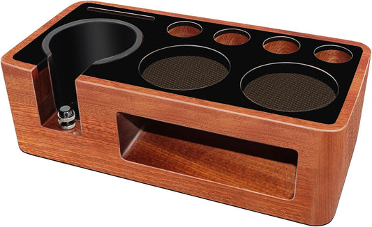 Espresso Tamping Station,9 in 1 Espresso Station,Multifunctional Tamper Station Fit for 51/54mm Espresso Accessories,Wooden Espresso Station,Adjustable Height Portafilter Holder (Red Black, 51mm-58mm)