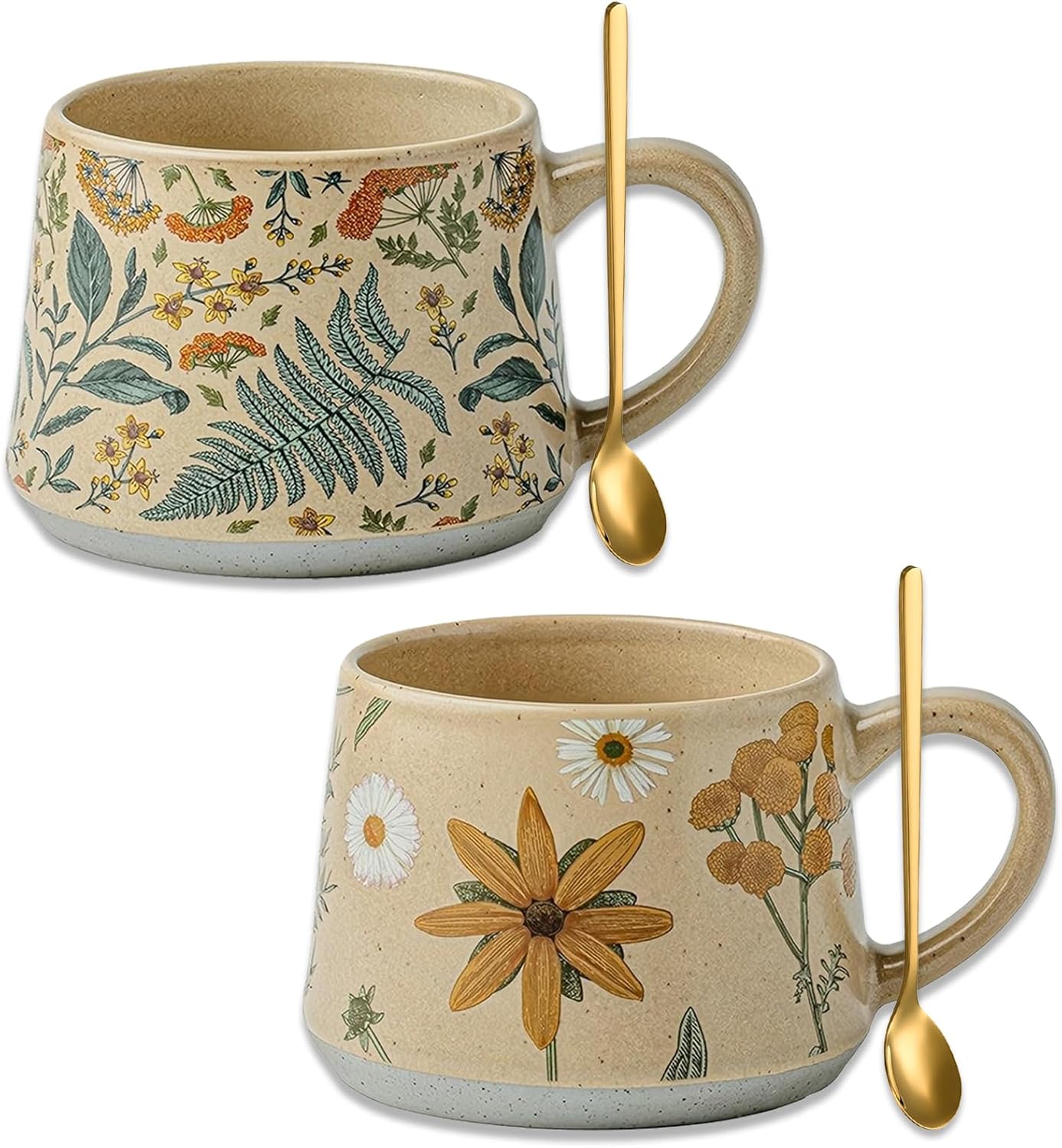 Floral Coffee Cup, 12oz Ceramic Hand Painted Porcelain Mug with Premium Gold Spoon, Cup for Cappuccino, Macchiato, Latte, Cafe, Tea, Unique Gift Idea (Summer's Whispers + Graceful Daisies)