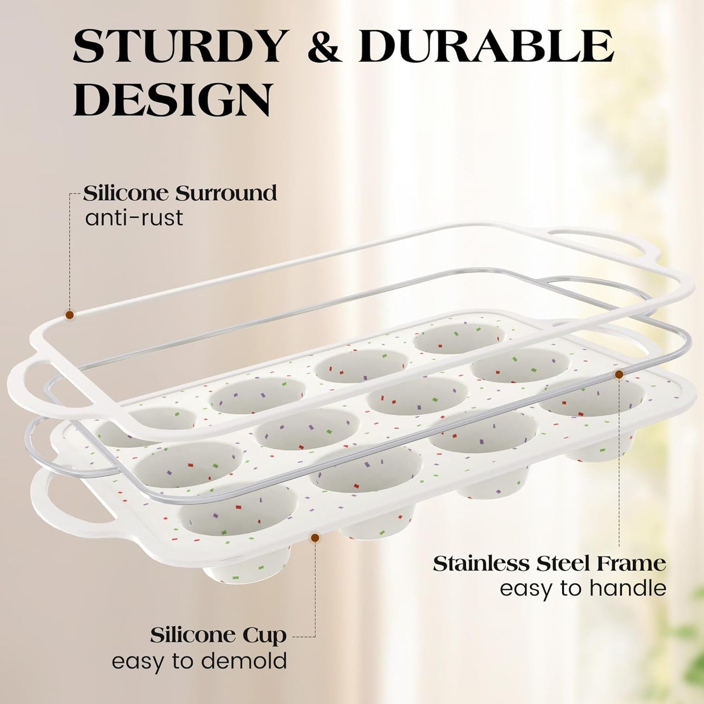 8 Pcs Silicone Muffin Pan Set, 12 Cup Regular and 24 Cup Mini Nonstick Muffin Tray with 6 Pcs Utensils, Silicone Muffin Pan for Baking with Metal Reinforced Frame BPA Free (8 Pcs, Cream)