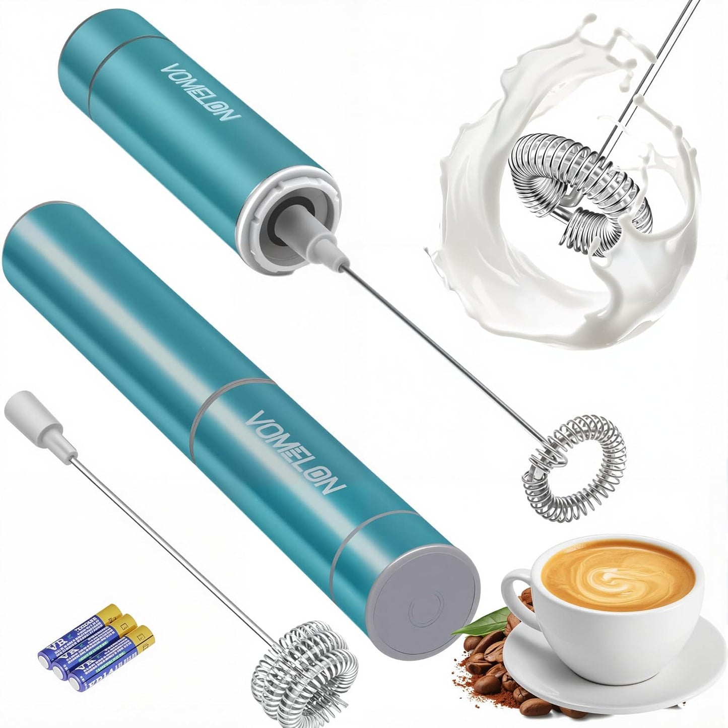 Milk Frother Handheld, Battery Operated Coffee Foamer Drink Mixer with 2 Stainless Steel Electric Whisks for Coffee, Latte, Cappuccino, Hot Chocolate, Protein， Batteries Included, Light Blue