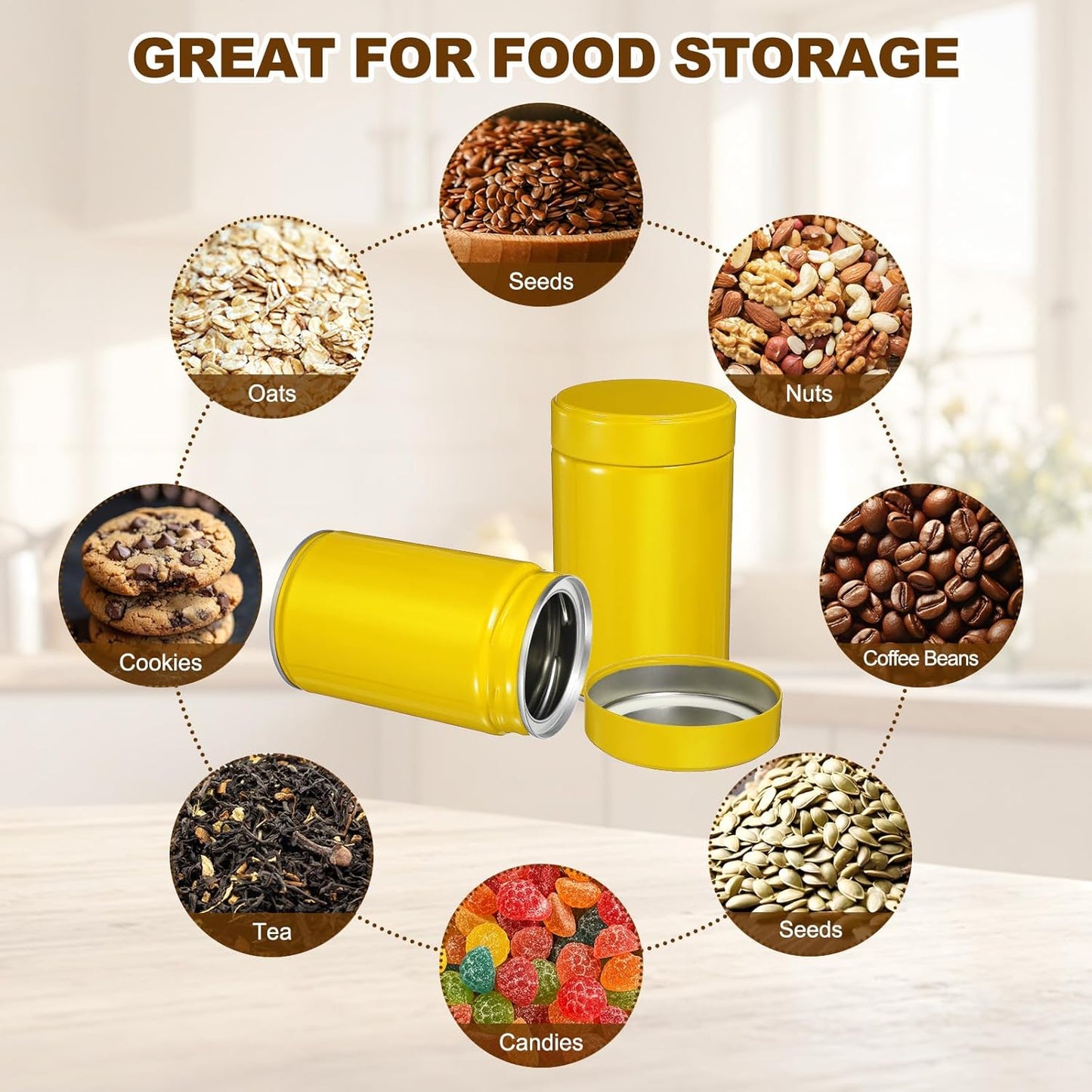 uxcell 2Pcs Round Tea Canisters, 5" x 3" Airtight Metal Tea Containers for Loose Tea, Coffee Beans, Spices - Durable, Compact, and Stylish Storage Tea Tin (Yellow)