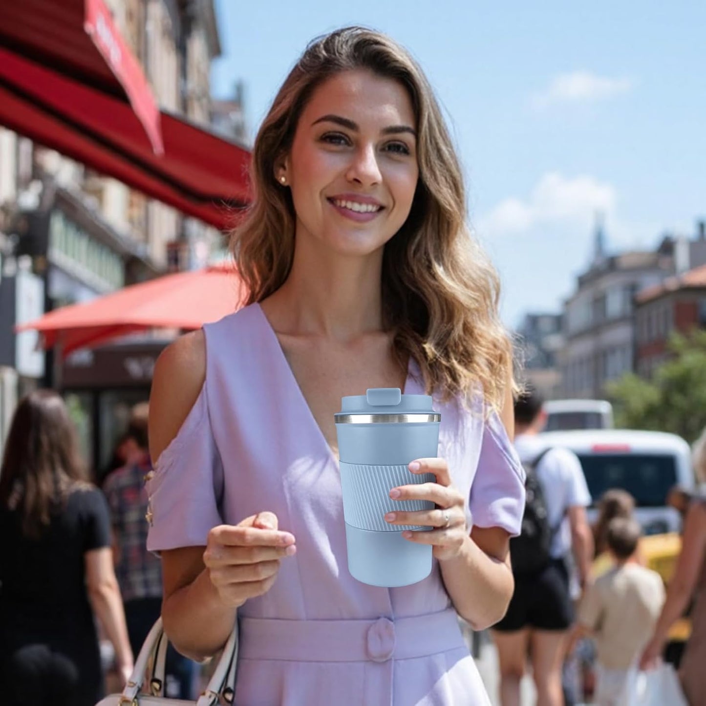 YINBAOGE Insulated Travel Coffee Mug Spill Proof Leak Proof Pobtable To Go Camping Stainless Steel Coffee Tumbler Reusable Coffee Cups with Lids Thermos for Hot and Cold Drink (Light blue, 17 OZ)