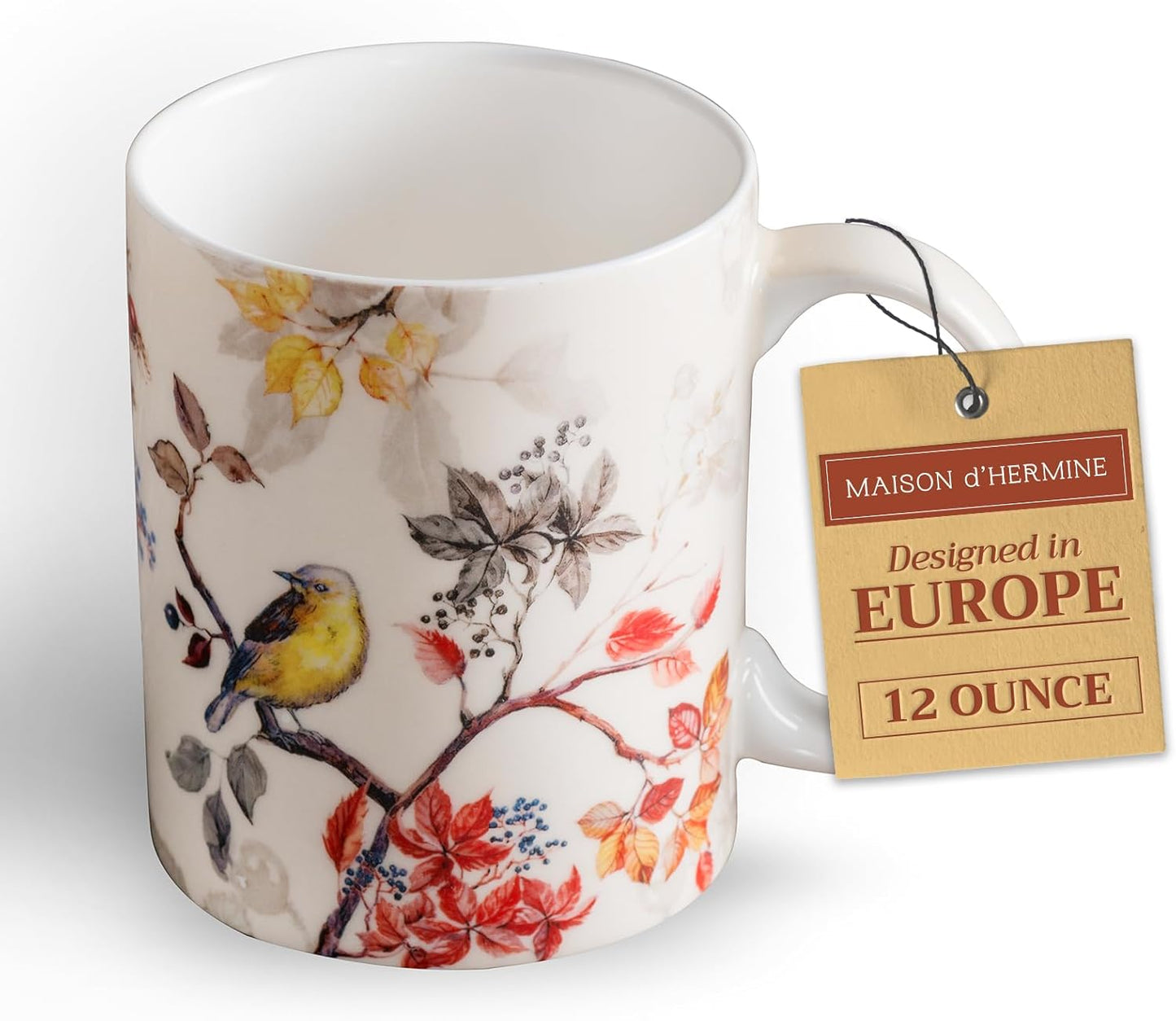 Maison d' Hermine Coffee Mug with Handles Fine Bone China Mugs Pack of One Tea Cups for Hot Beverages Cappuccino Latte Home Restaurant Office Perfect for Gift (Equinoxe - Beige Passerine, 12 Ounce)