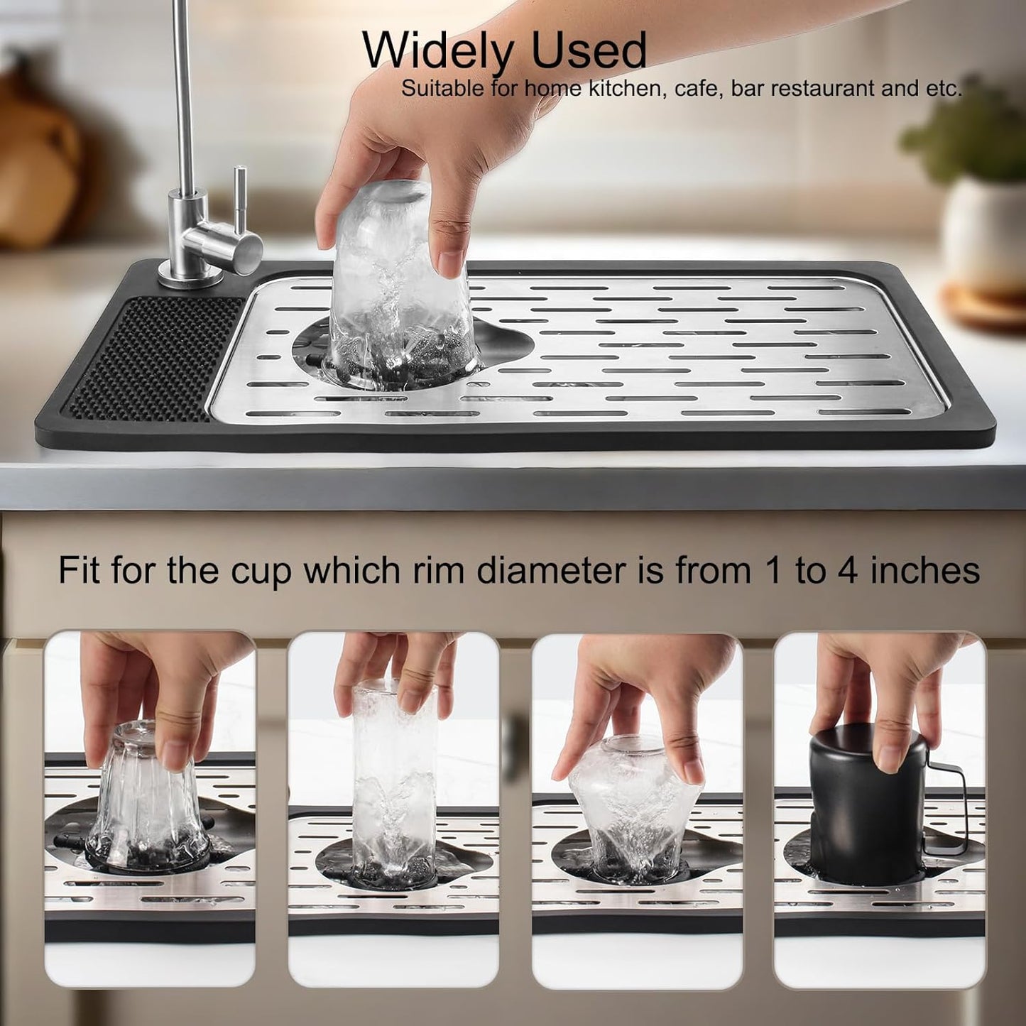 DIBTSA Pitcher Rinser, Stainless Steel Countertop Glass Rinser Cup Washer Sink with Side Spray,Drip Tray for Home Cafe Restaurant