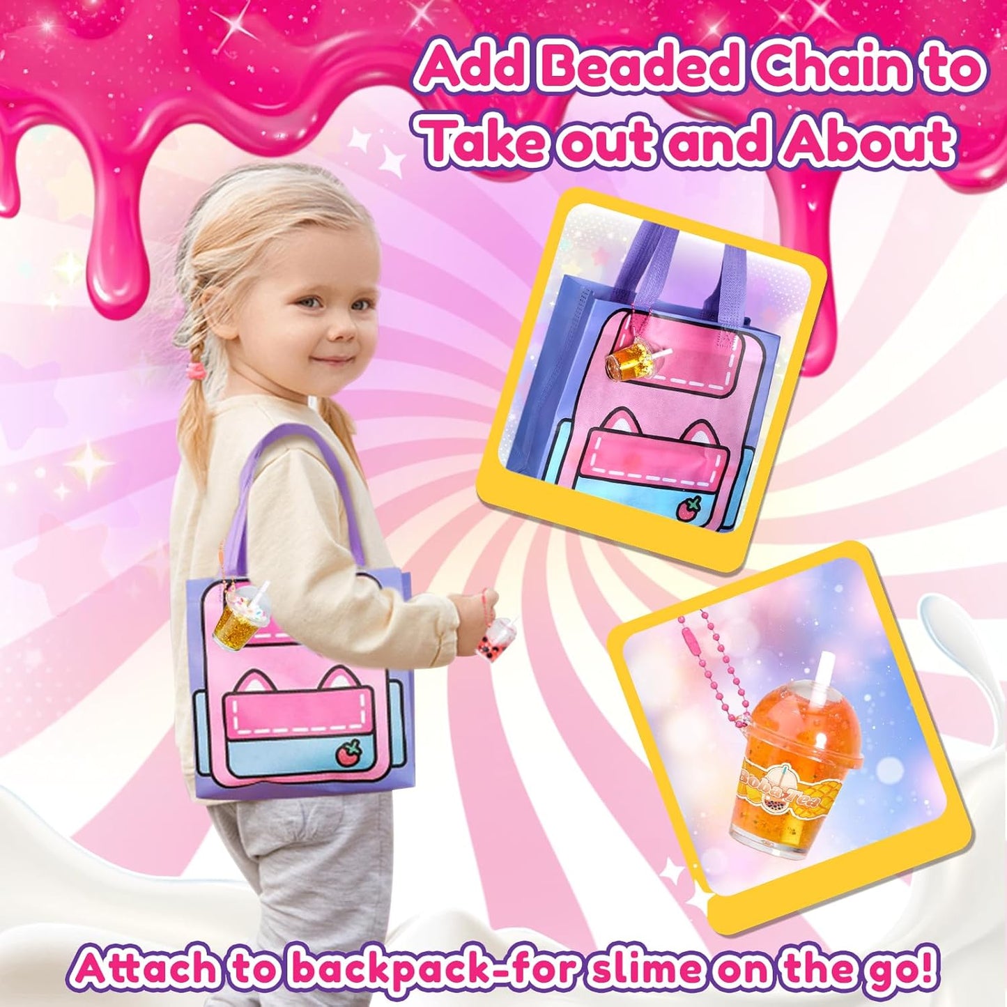 46PCS Slime Boba Tea Making Kit for Girls Ages 8-12, DIY Pretend Play Food Toys, Bubble Tea Cups, Bag, Clear Slime, Add-ins, Making Miniature Food, Party Favors for Kids 6 7 9 10 11