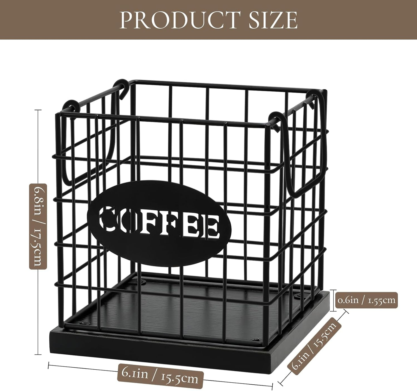 Coffee Pod Holder Organizer,Large Capacity K Cup Holder Organizer, Storage Basket for Kitchen Countertop Office Coffee Bar with Wooden Base(Rustic Black-Square)