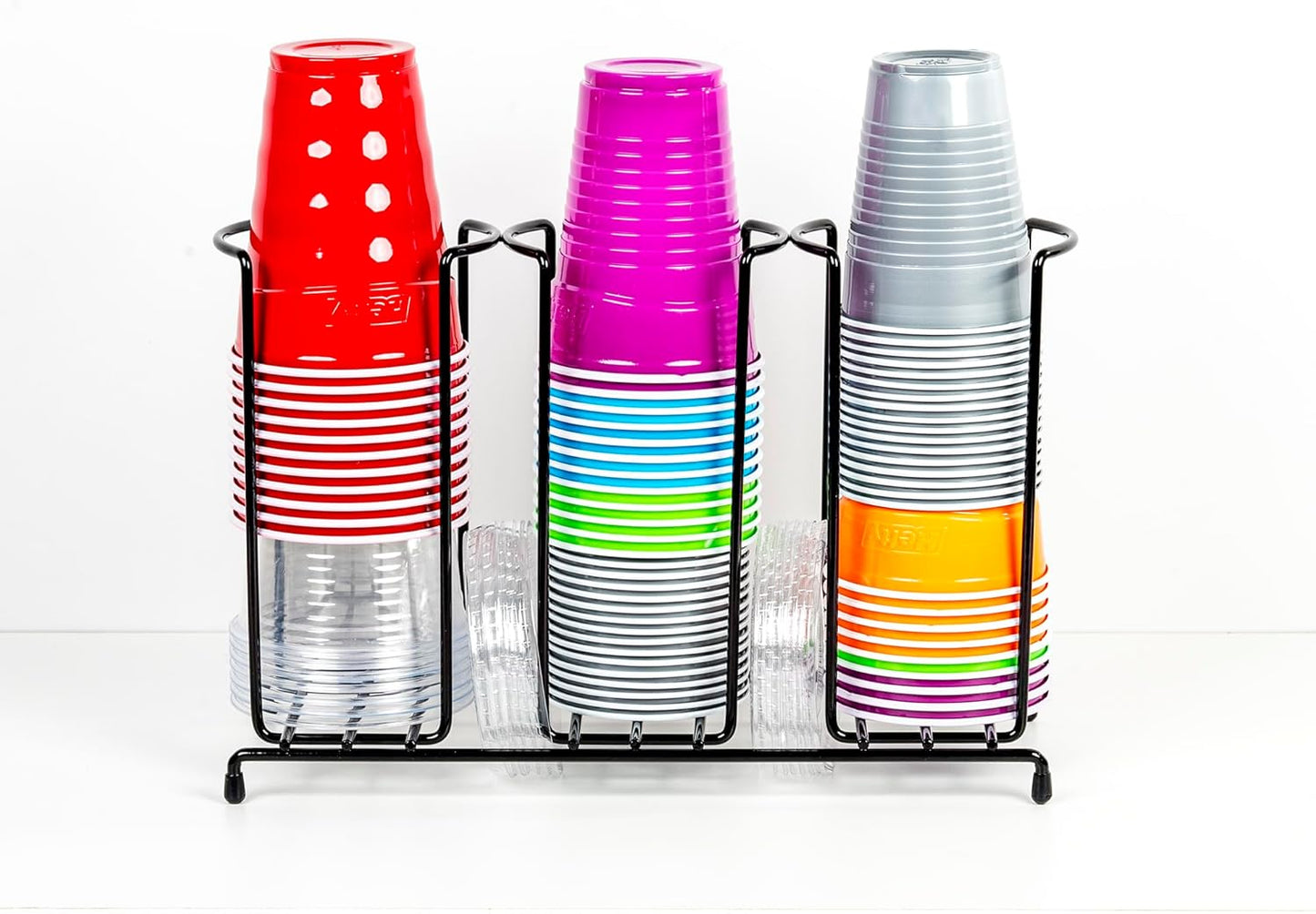 Wire Frame Cup and Lid Organizer, 3 Compartment Metal Rack Design Storage Holder for Plastic, Coffee Beverage Cups