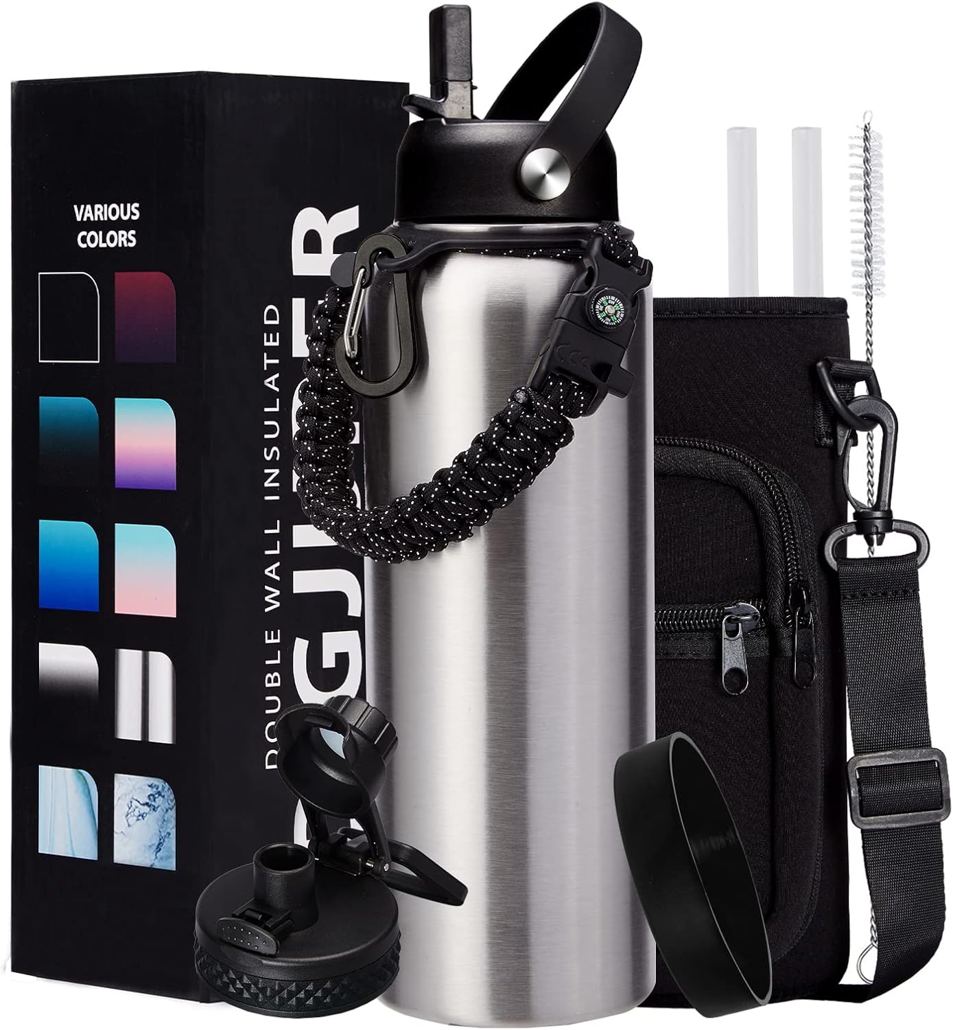 40oz Stainless Steel Water Bottle - Wide Mouth Vacuum Insulated Metal Water Bottle with Straw Lid & Paracord Handle, Sweat-Proof Water Flask Thermo Metal Mug with Strap for Gym Camping Hiking
