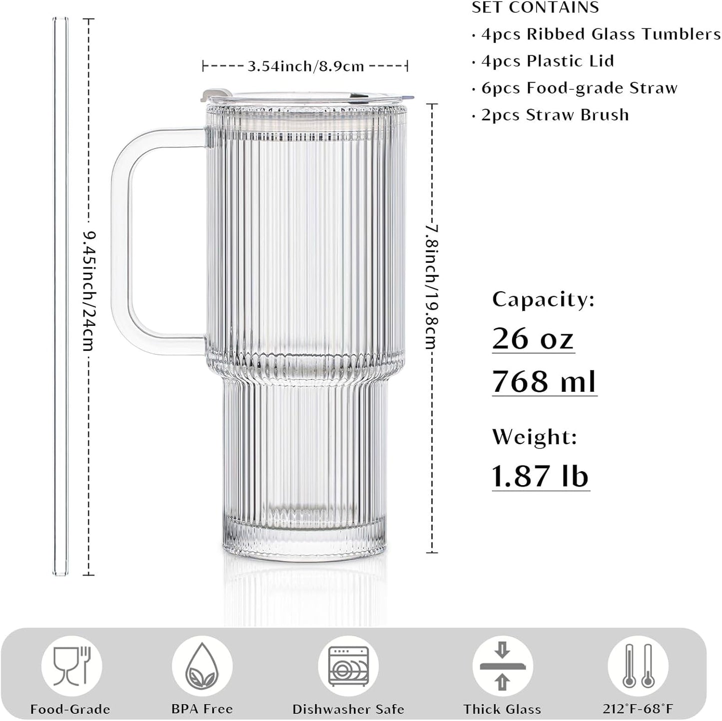 INSETLAN 26oz Ribbed Glass Tumbler with Handle & Lid – 4-Pack Large Iced Coffee Cups with Straws, Modern Glass Mug for Cold & Hot Beverages, Aesthetic Travel Cup for Smoothies, Tea, and Juice