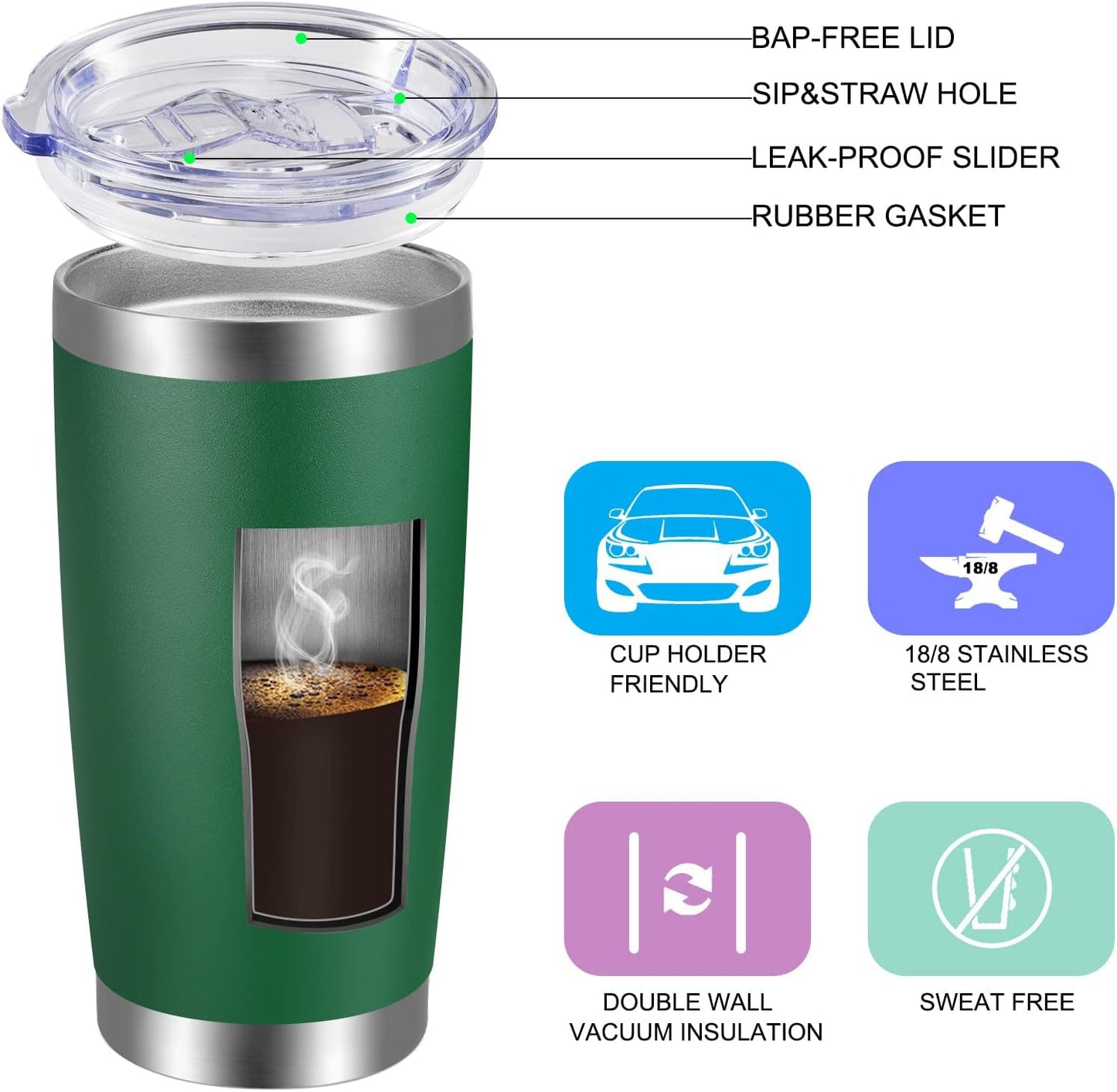 VEGOND 20oz Tumbler with Lid and Straw Stainless Steel Tumbler Cup Vacuum Insulated Double Wall Travel Coffee Mug Powder Coated Coffee Cup(Powder Green 1 Pack)