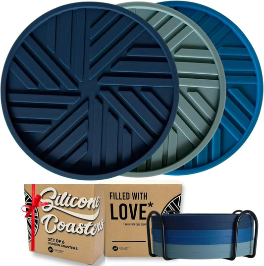 Coasters Set of 6 - Silicone Drink Coasters for Home Decor and Coffee Table Modern Elegant Blue Pattern - Round 4" Housewarming Gifts