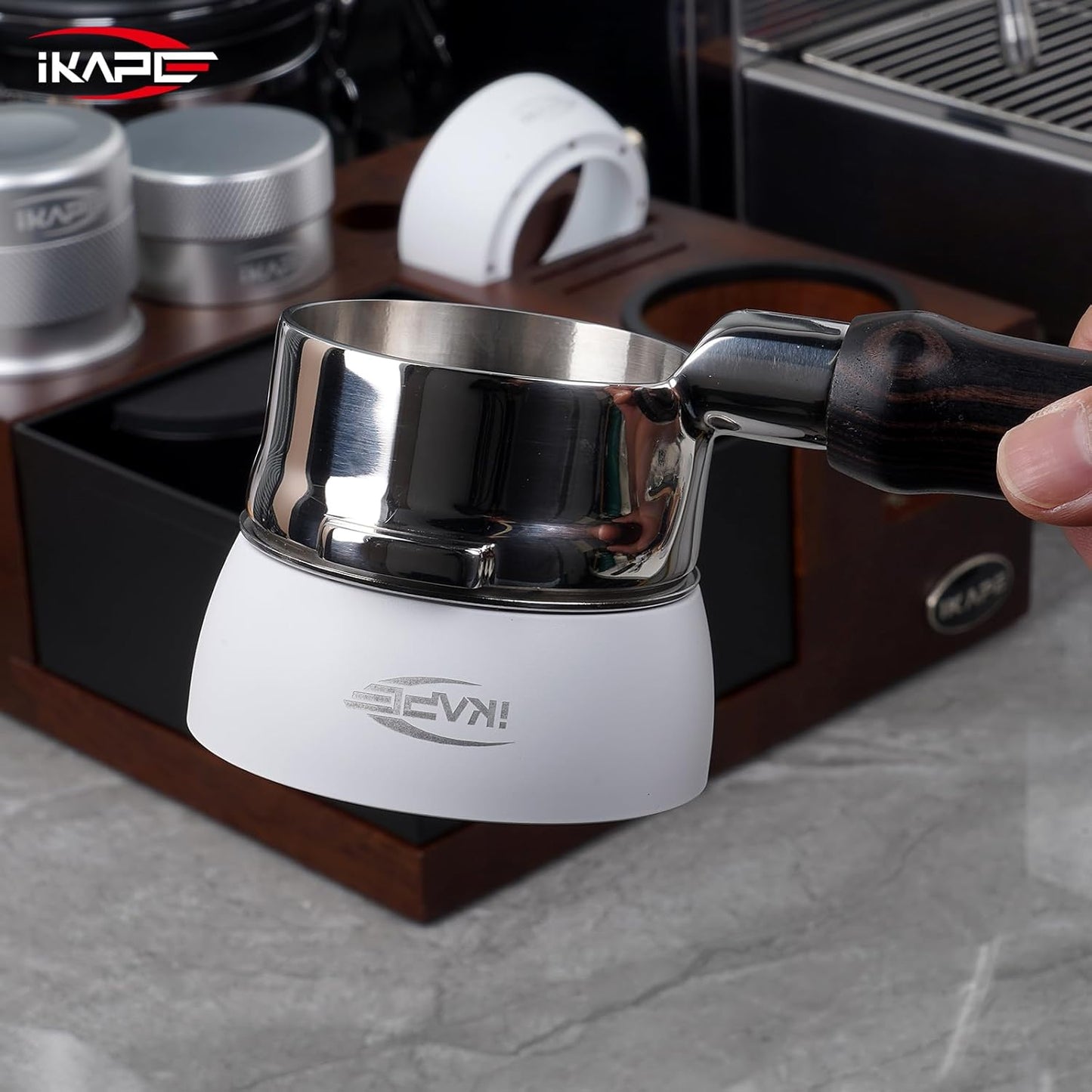 IKAPE Magnetic Dosing Funnel Set, 53MM Espresso Dosing Ring & Puck Screen Kit Compatible with Delonghi 54MM Bottomless Portafilter - with 8 Small Magnet (White)