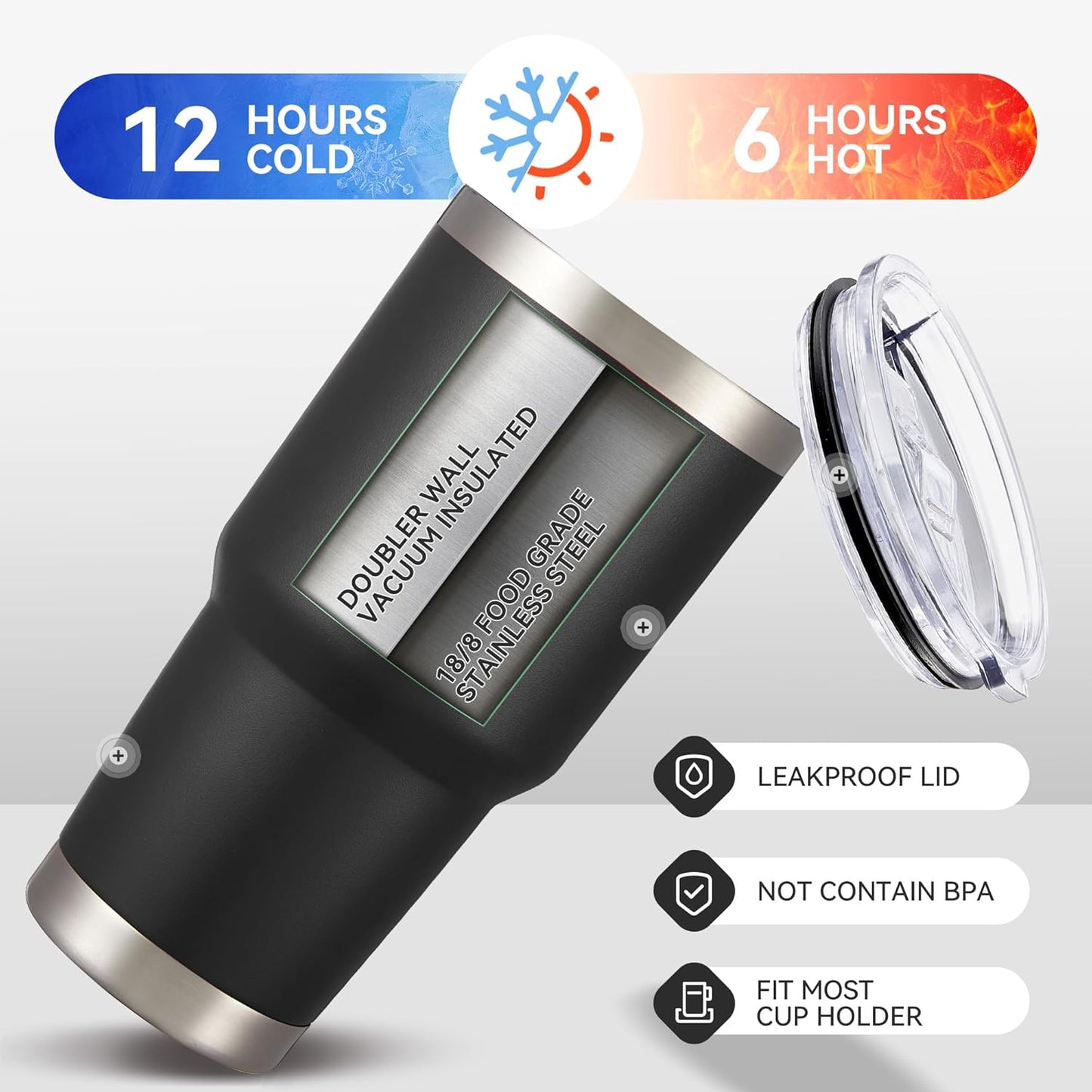 30 oz Tumbler with Lid Stainless Steel Tumblers Bulk Vacuum Insulated Cup Reusable Powder Coated Travel Mug Double Wall Leak Proof Cups Keep Cold Drinks for 12 Hours Black, Set of 8