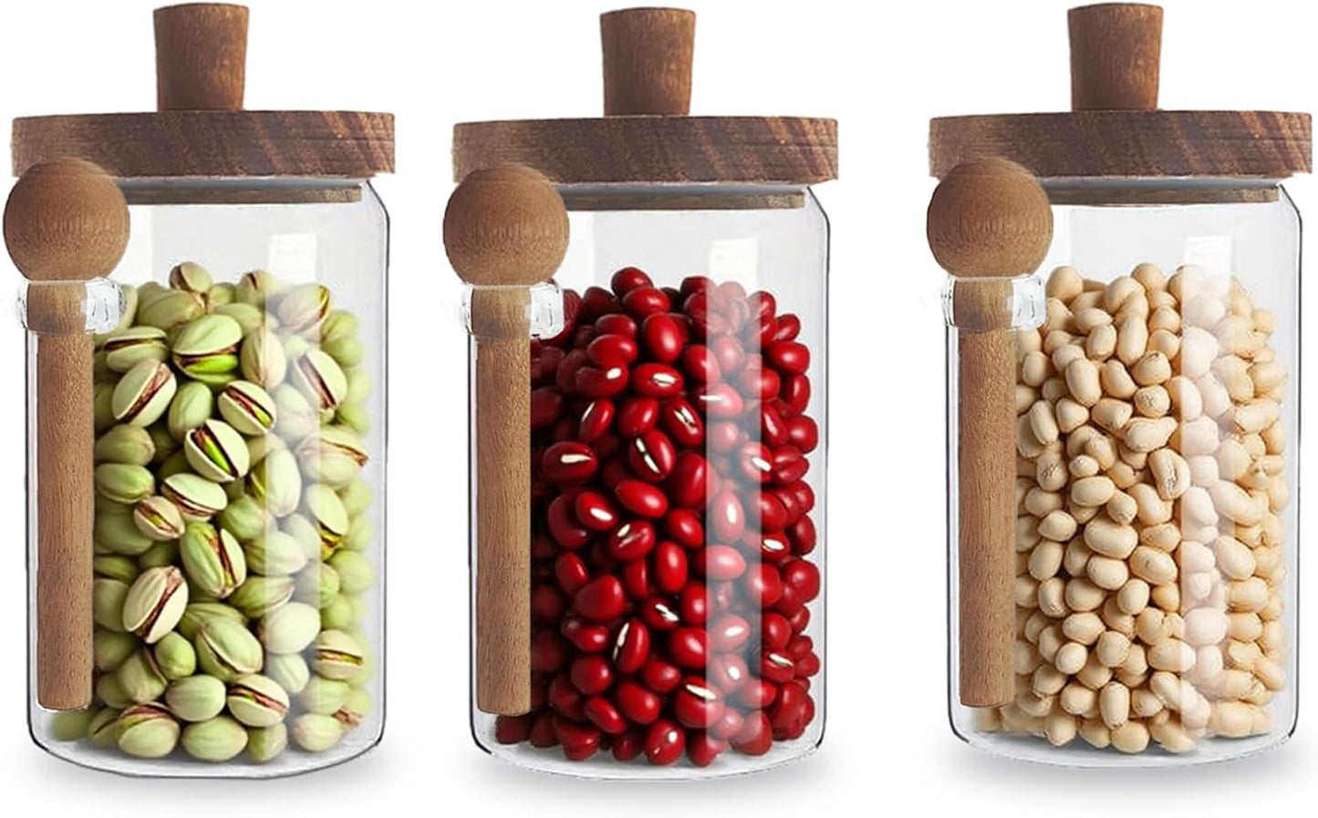 Set of 3 Glass Jars Containers with Wooden Handles Lids and Scoop Clear Canister Jars Set with Spoon for Kitchen Food Storage Coffee Tea Sugar Decorative Countertop Organization Jars 25 oz